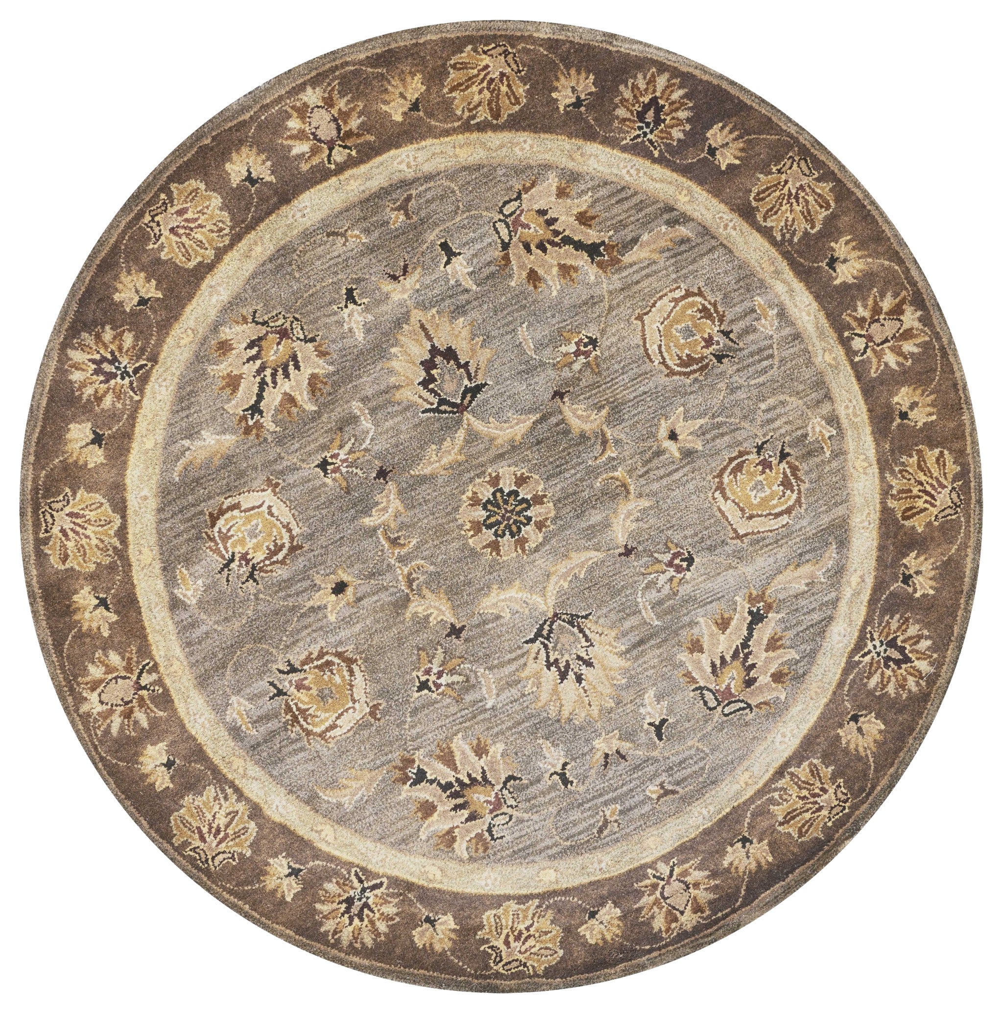 8' X 11' Gray Brown And Ivory New Zealand Lambs Wool Floral Medallion Hand Tufted Area Rug-Area Rugs-DECOROLALA