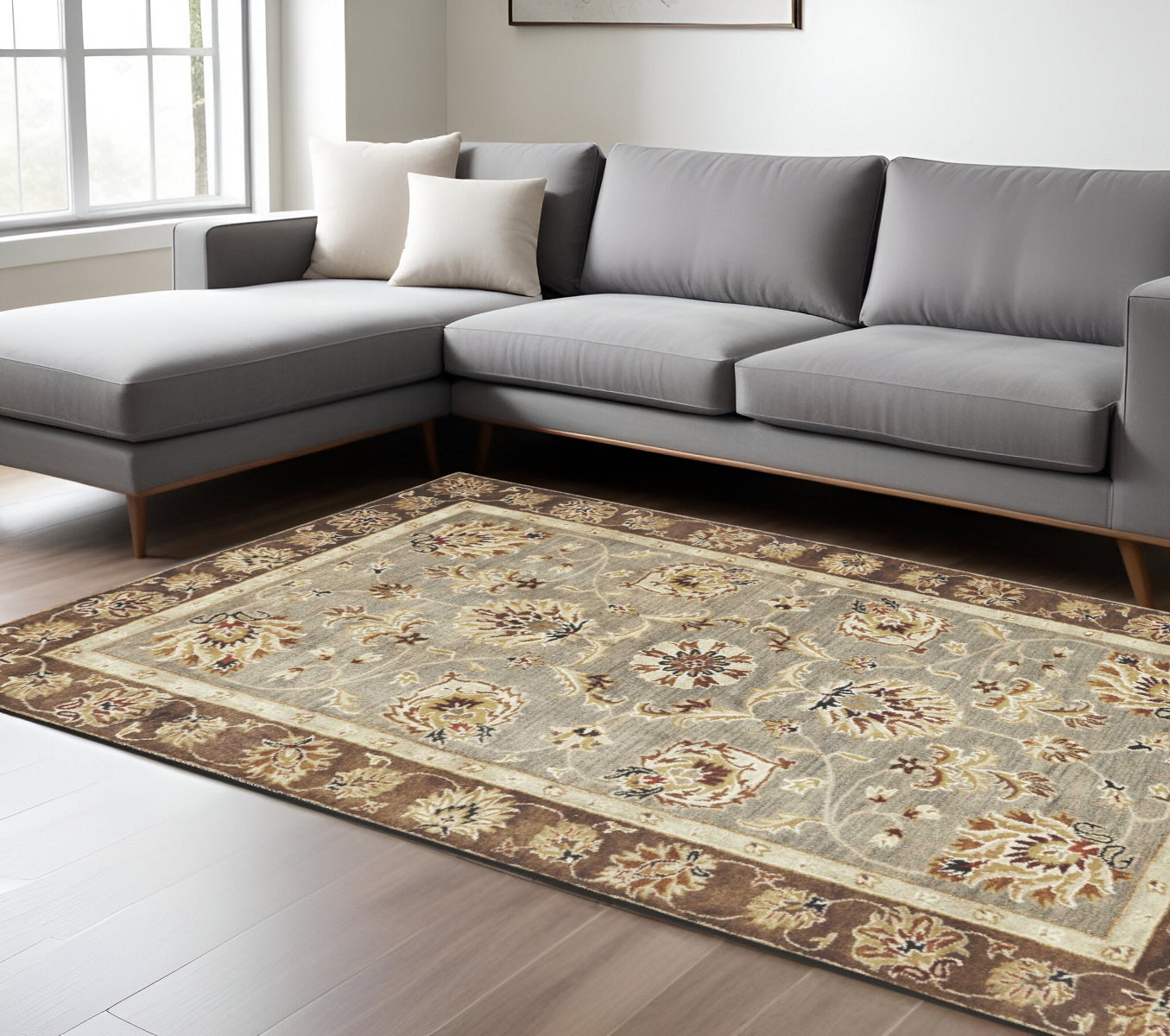8' X 11' Gray Brown And Ivory New Zealand Lambs Wool Floral Medallion Hand Tufted Area Rug-Area Rugs-DECOROLALA