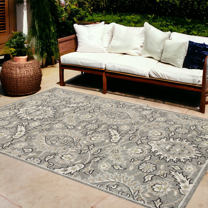 8' X 11' Gray Damask Indoor Outdoor Area Rug-Outdoor Rugs-DECOROLALA