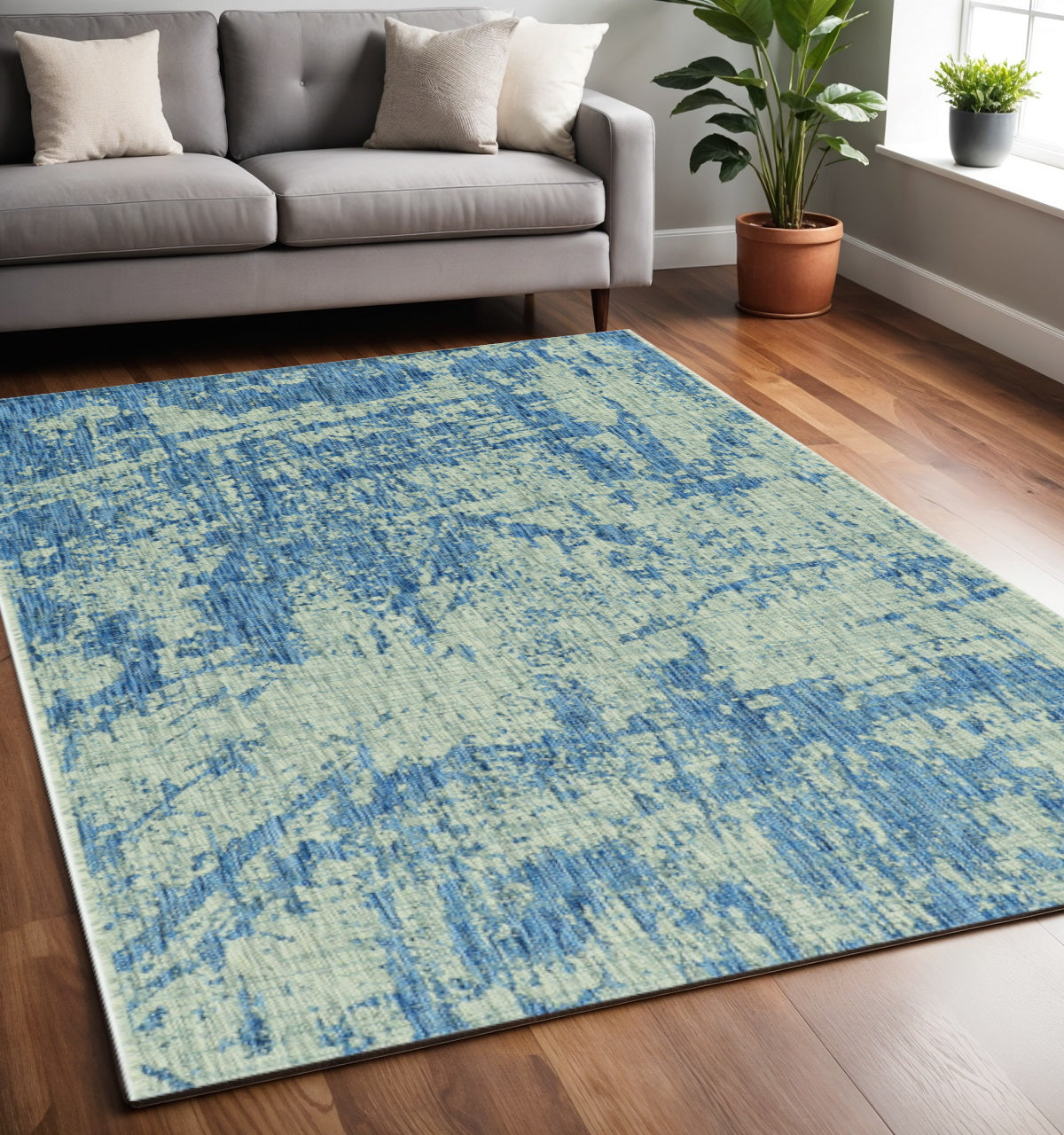 8' X 11' Green And Denim Blue Abstract Area Rug-Area Rugs-DECOROLALA