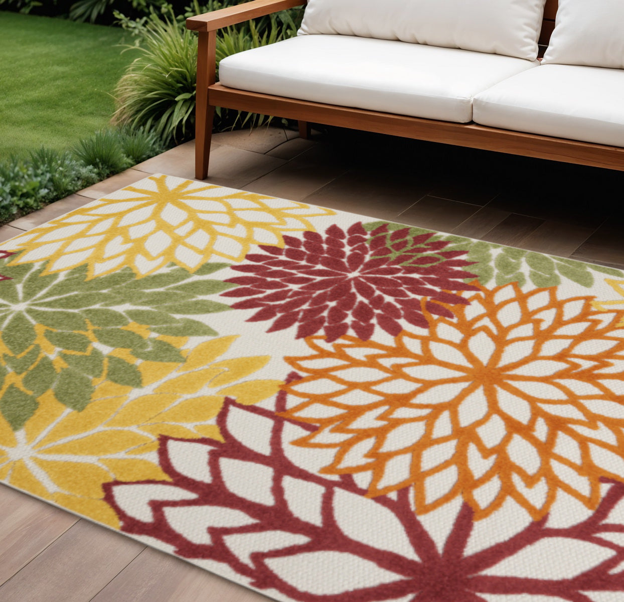 8' X 11' Green And Ivory Handmade Indoor Outdoor Area Rug-Outdoor Rugs-DECOROLALA