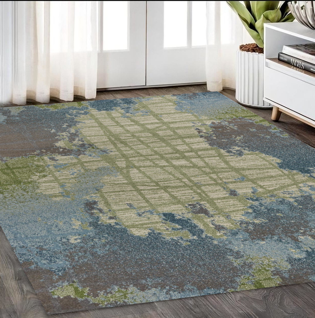 8' X 11' Green Blue Machine Woven Abstract Indoor Area Rug-Area Rugs-DECOROLALA