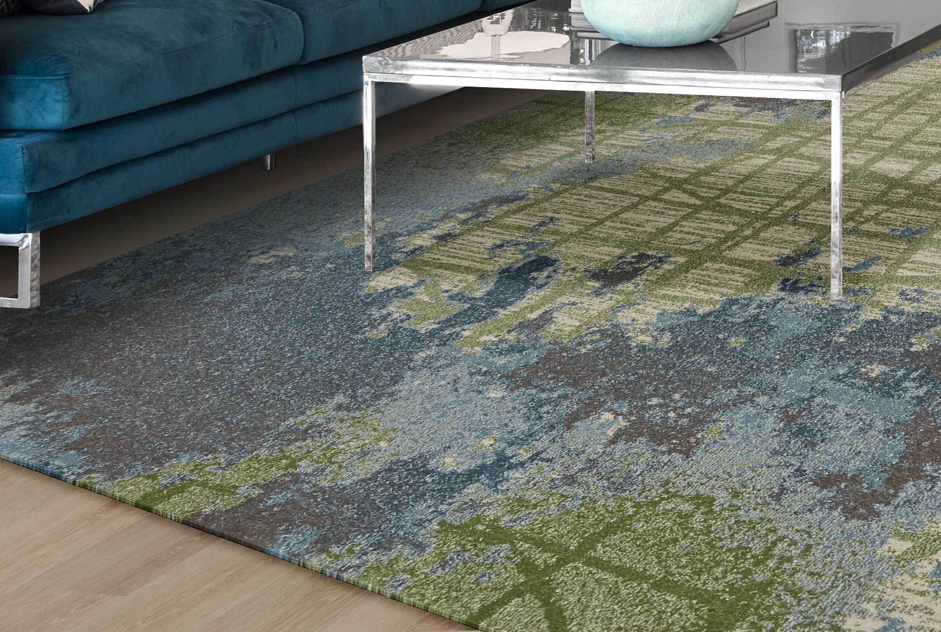 8' X 11' Green Blue Machine Woven Abstract Indoor Area Rug-Area Rugs-DECOROLALA