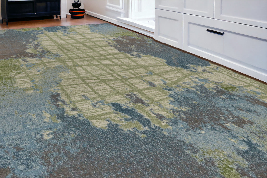 8' X 11' Green Blue Machine Woven Abstract Indoor Area Rug-Area Rugs-DECOROLALA