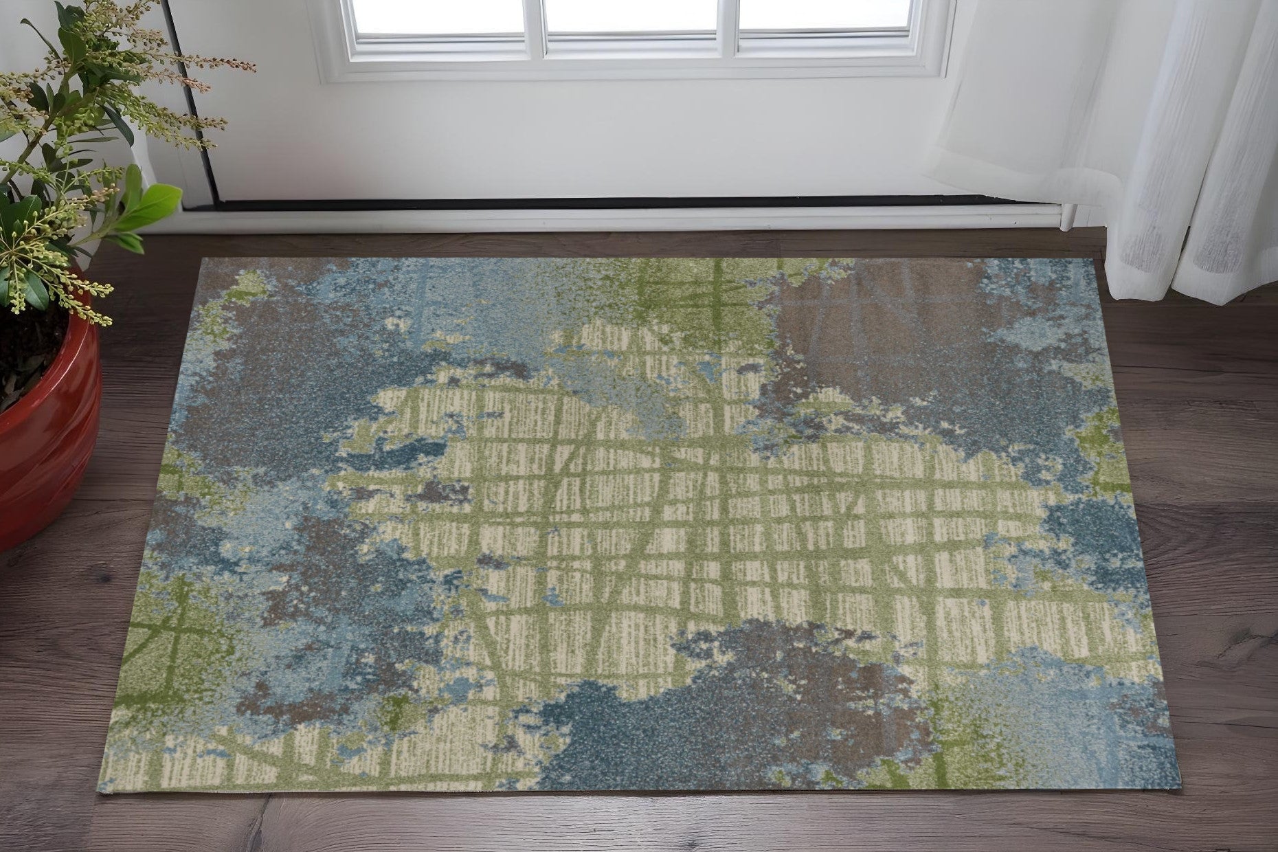 8' X 11' Green Blue Machine Woven Abstract Indoor Area Rug-Area Rugs-DECOROLALA