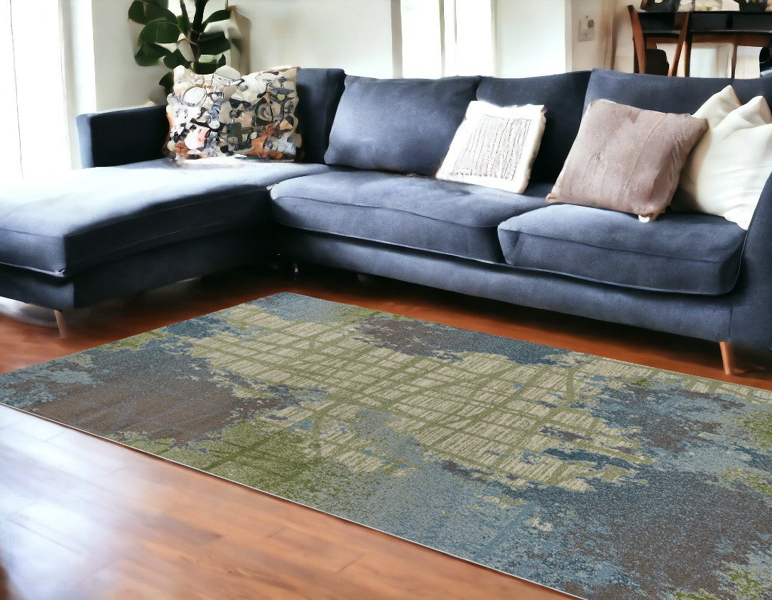 8' X 11' Green Blue Machine Woven Abstract Indoor Area Rug-Area Rugs-DECOROLALA