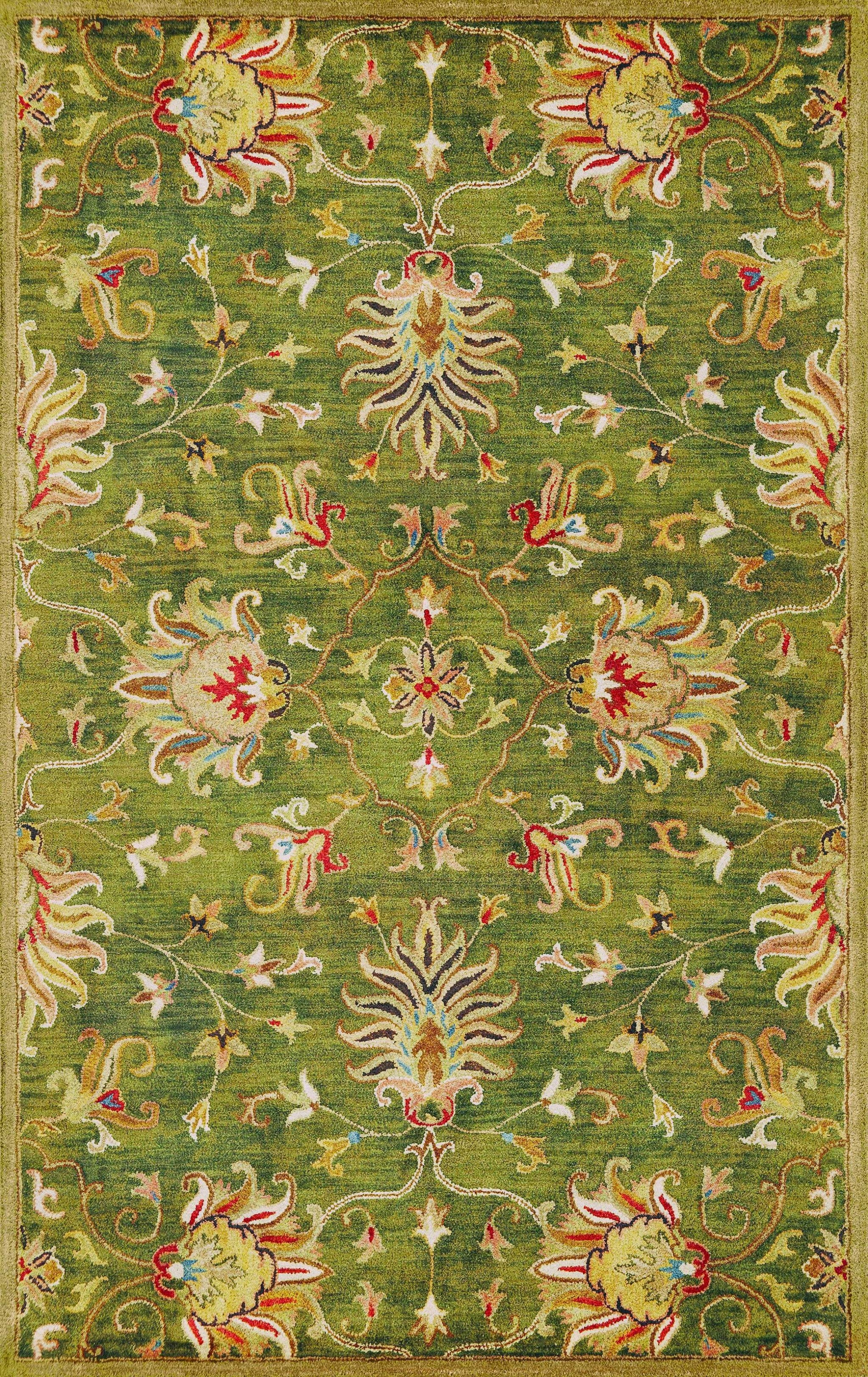 8' X 11' Green Red And Ivory Wool Floral Medallion Hand Tufted Area Rug-Area Rugs-DECOROLALA