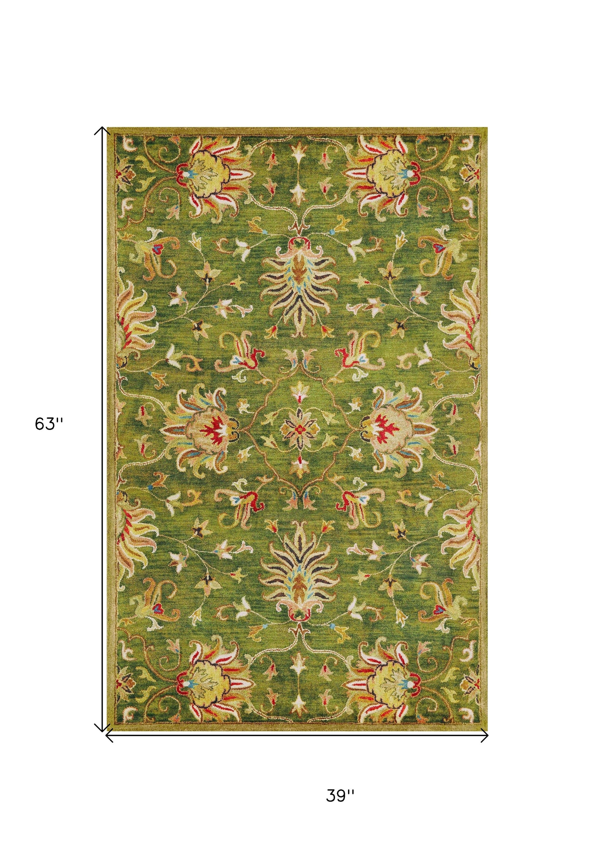 8' X 11' Green Red And Ivory Wool Floral Medallion Hand Tufted Area Rug-Area Rugs-DECOROLALA
