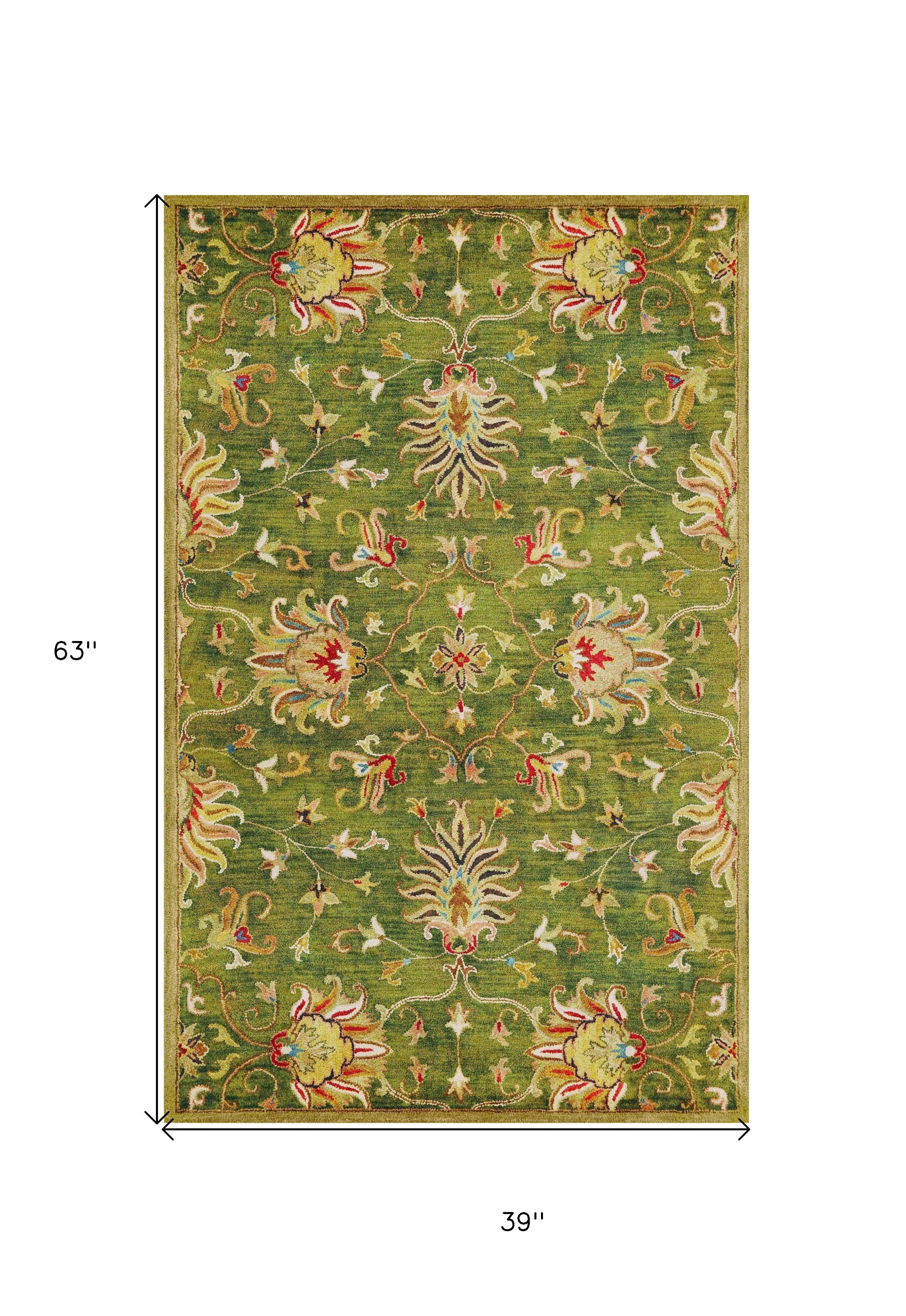 8' X 11' Green Red And Ivory Wool Floral Medallion Hand Tufted Area Rug-Area Rugs-DECOROLALA