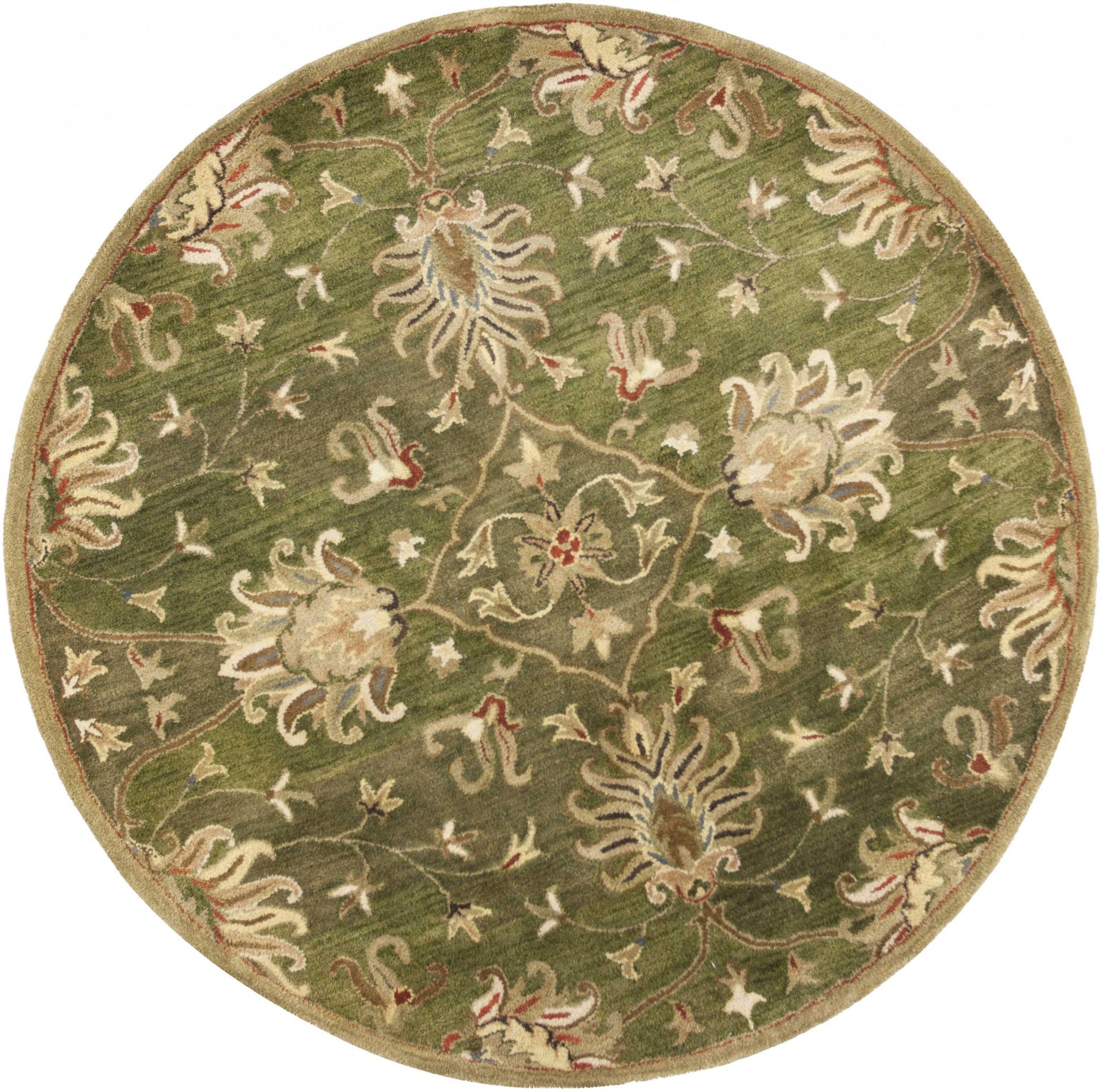 8' X 11' Green Red And Ivory Wool Floral Medallion Hand Tufted Area Rug-Area Rugs-DECOROLALA
