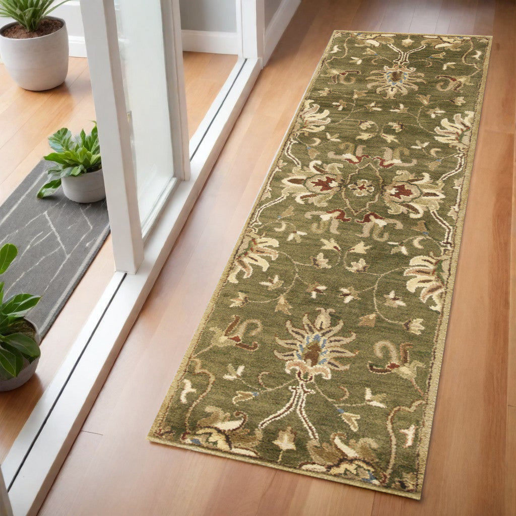 8' X 11' Green Red And Ivory Wool Floral Medallion Hand Tufted Area Rug-Area Rugs-DECOROLALA