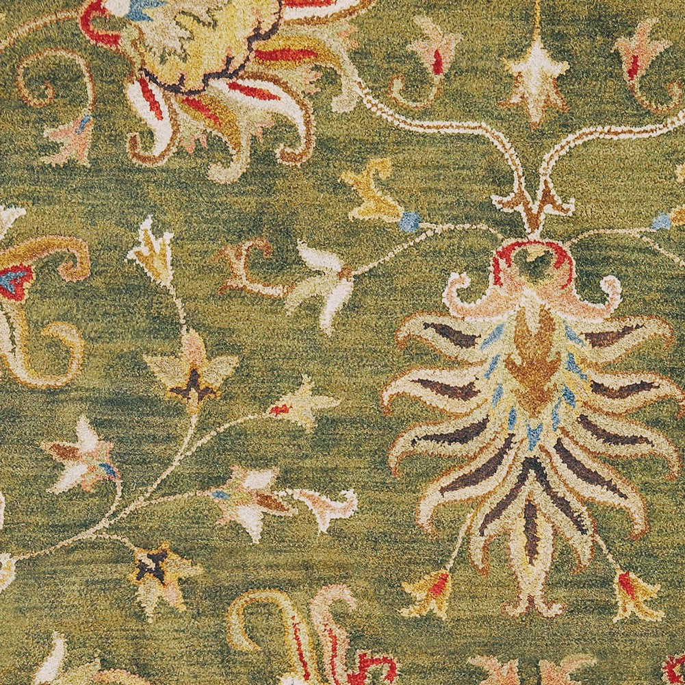 8' X 11' Green Red And Ivory Wool Floral Medallion Hand Tufted Area Rug-Area Rugs-DECOROLALA