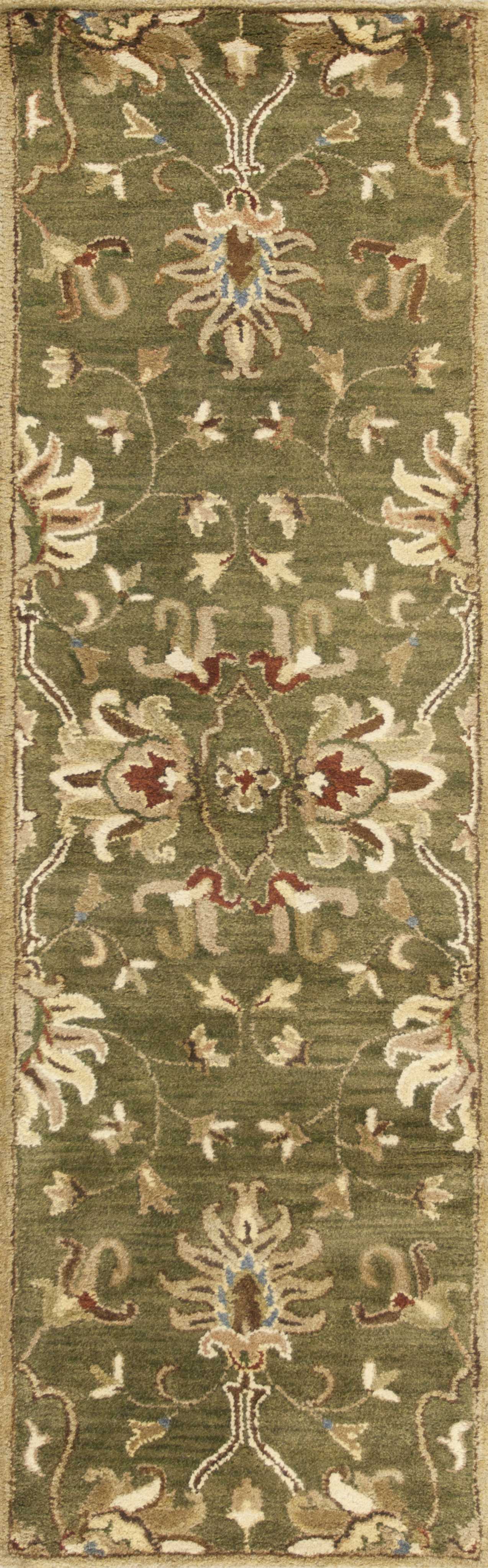 8' X 11' Green Red And Ivory Wool Floral Medallion Hand Tufted Area Rug-Area Rugs-DECOROLALA