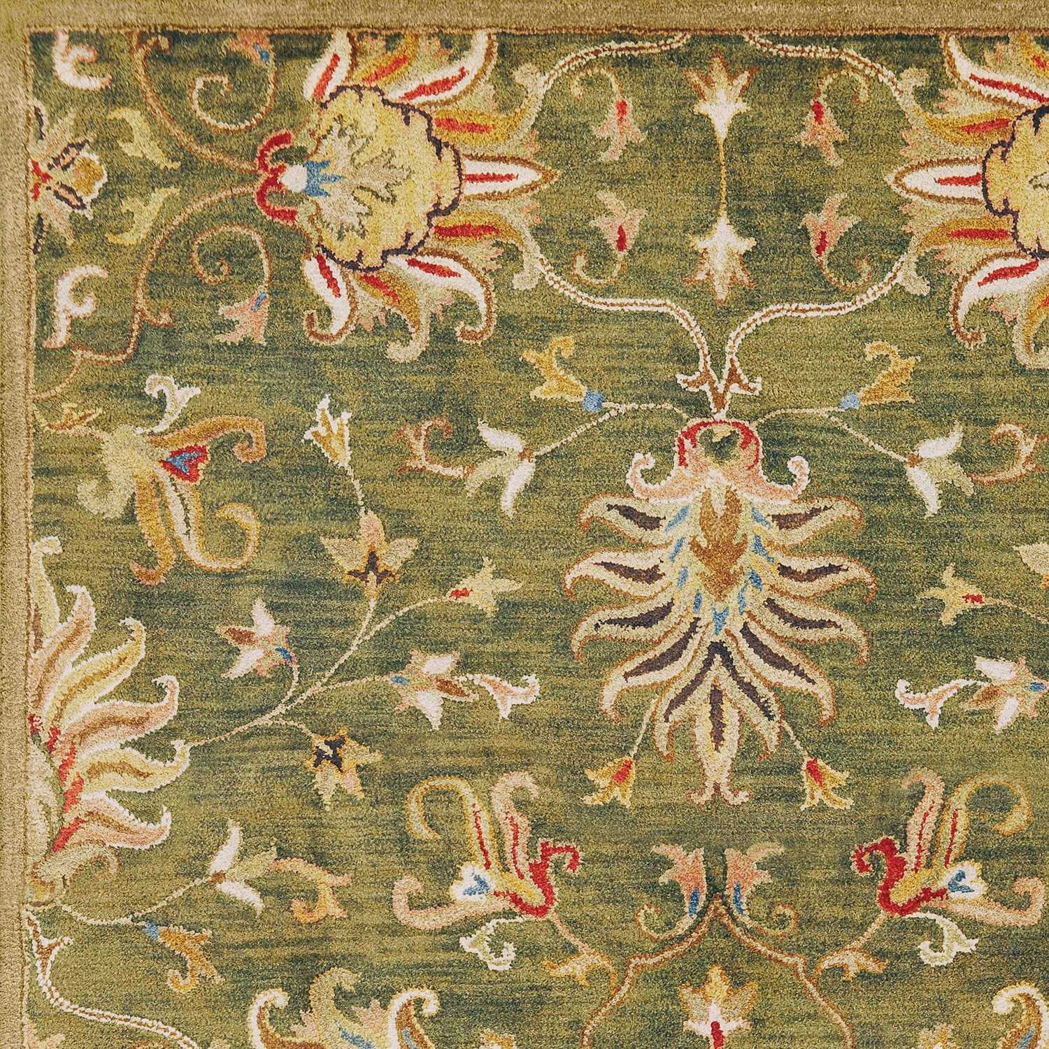 8' X 11' Green Red And Ivory Wool Floral Medallion Hand Tufted Area Rug-Area Rugs-DECOROLALA