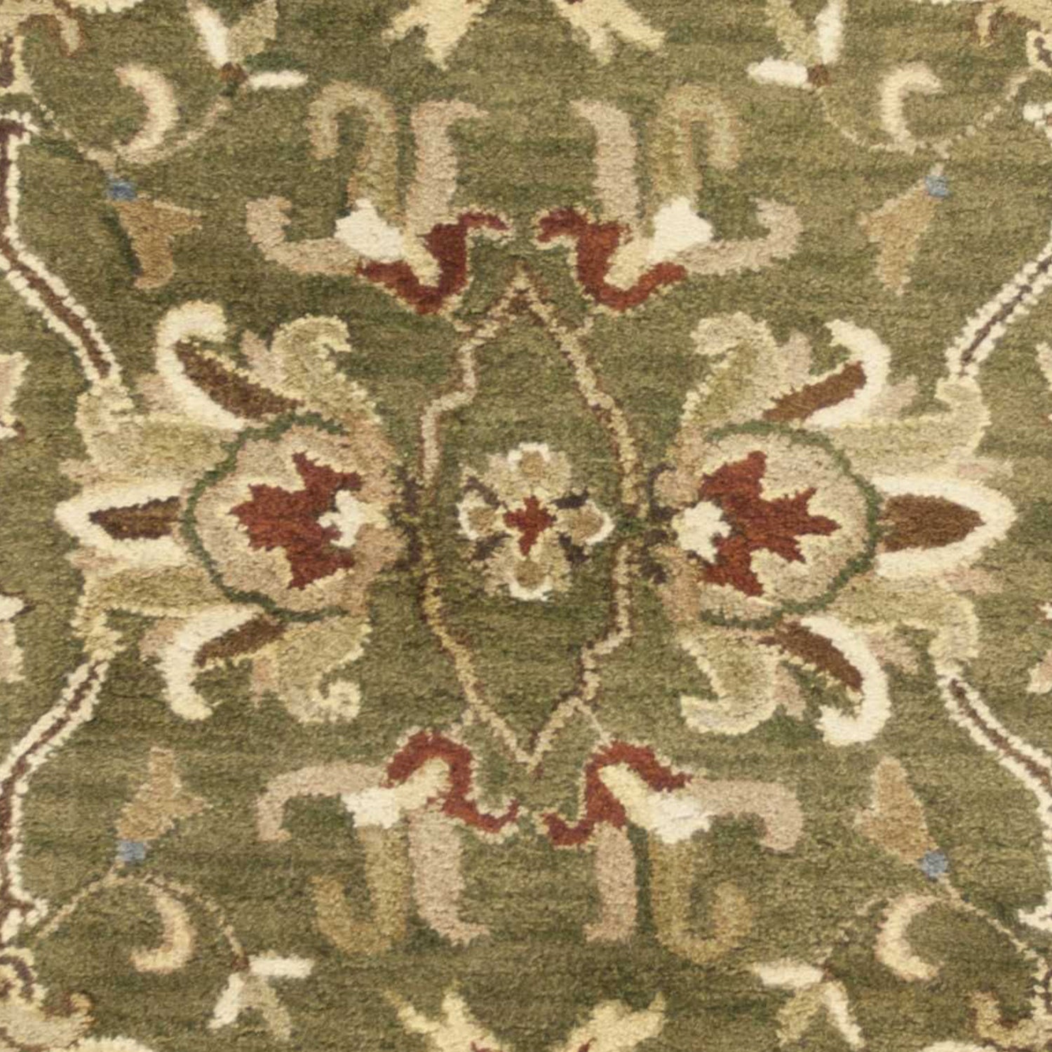 8' X 11' Green Red And Ivory Wool Floral Medallion Hand Tufted Area Rug-Area Rugs-DECOROLALA