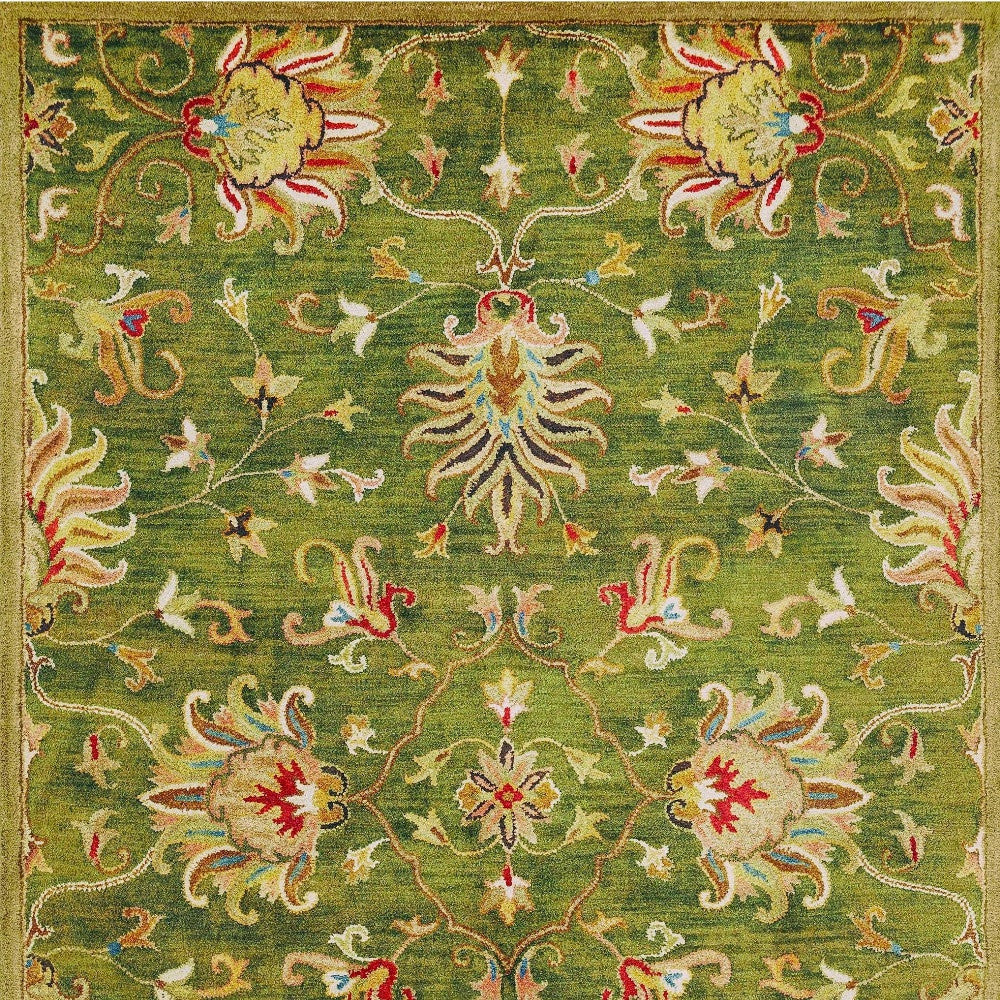 8' X 11' Green Red And Ivory Wool Floral Medallion Hand Tufted Area Rug-Area Rugs-DECOROLALA