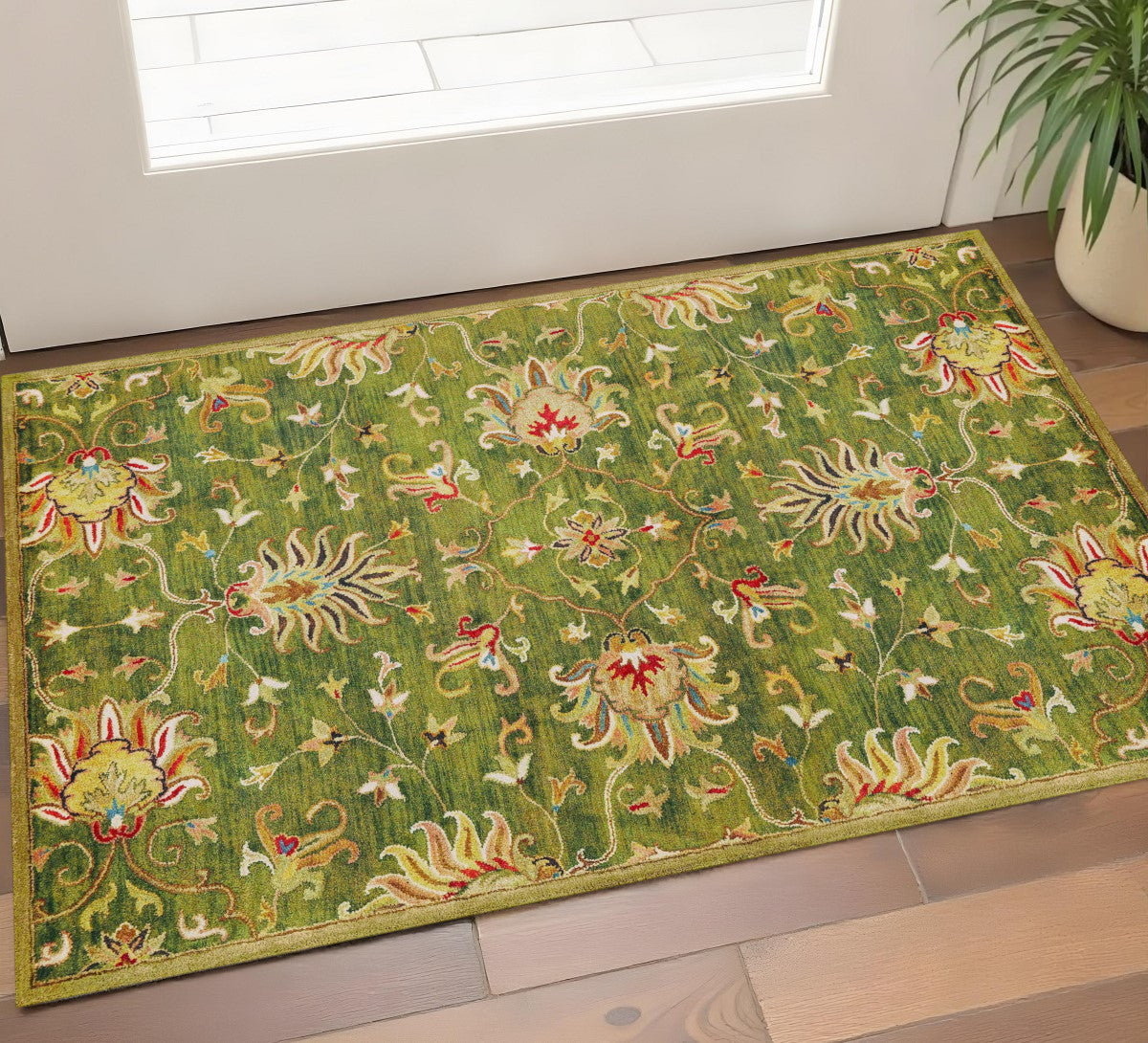 8' X 11' Green Red And Ivory Wool Floral Medallion Hand Tufted Area Rug-Area Rugs-DECOROLALA
