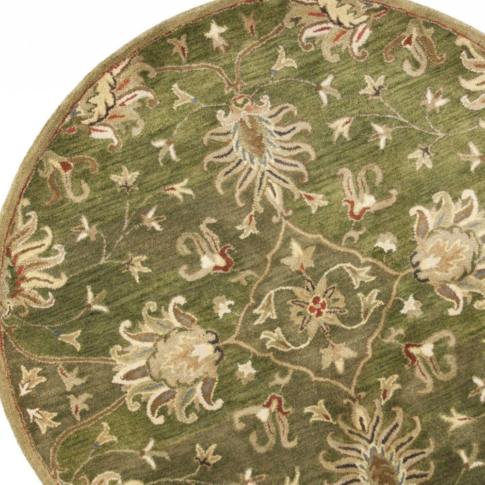 8' X 11' Green Red And Ivory Wool Floral Medallion Hand Tufted Area Rug-Area Rugs-DECOROLALA