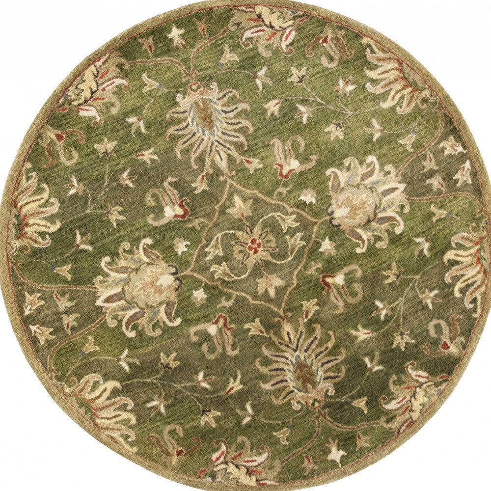 8' X 11' Green Red And Ivory Wool Floral Medallion Hand Tufted Area Rug-Area Rugs-DECOROLALA