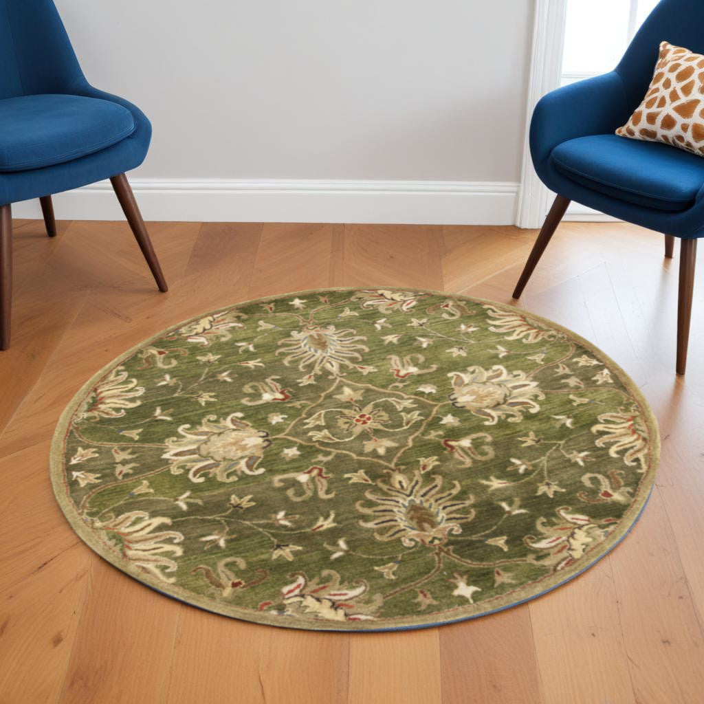8' X 11' Green Red And Ivory Wool Floral Medallion Hand Tufted Area Rug-Area Rugs-DECOROLALA