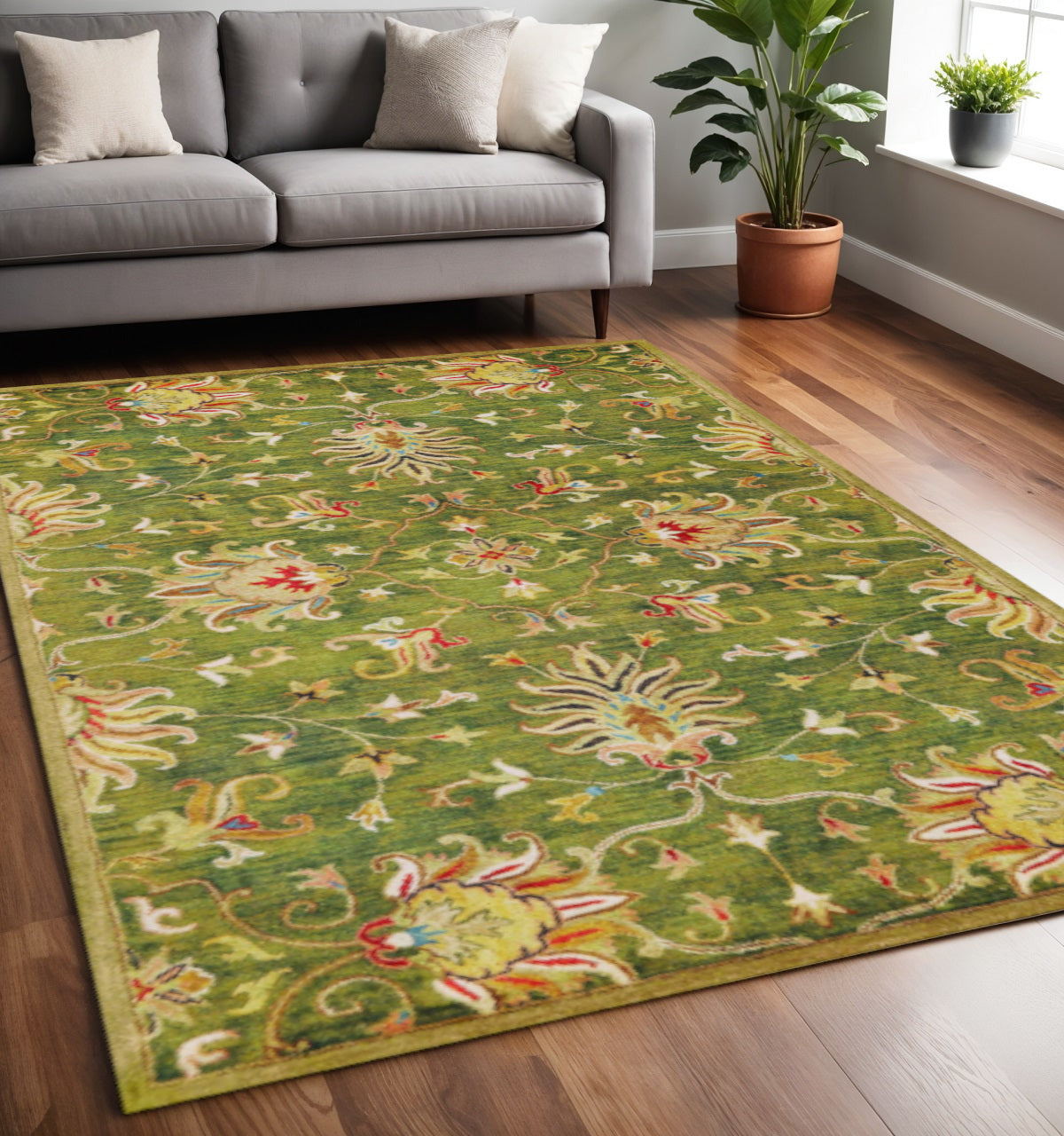 8' X 11' Green Red And Ivory Wool Floral Medallion Hand Tufted Area Rug-Area Rugs-DECOROLALA