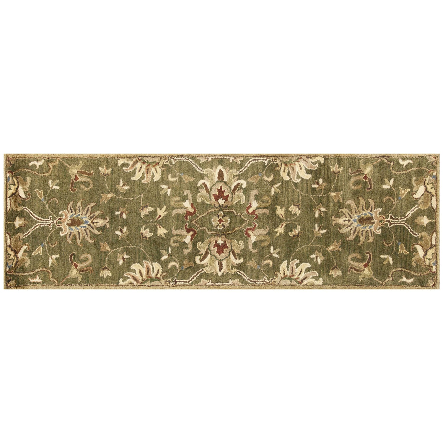 8' X 11' Green Red And Ivory Wool Floral Medallion Hand Tufted Area Rug-Area Rugs-DECOROLALA