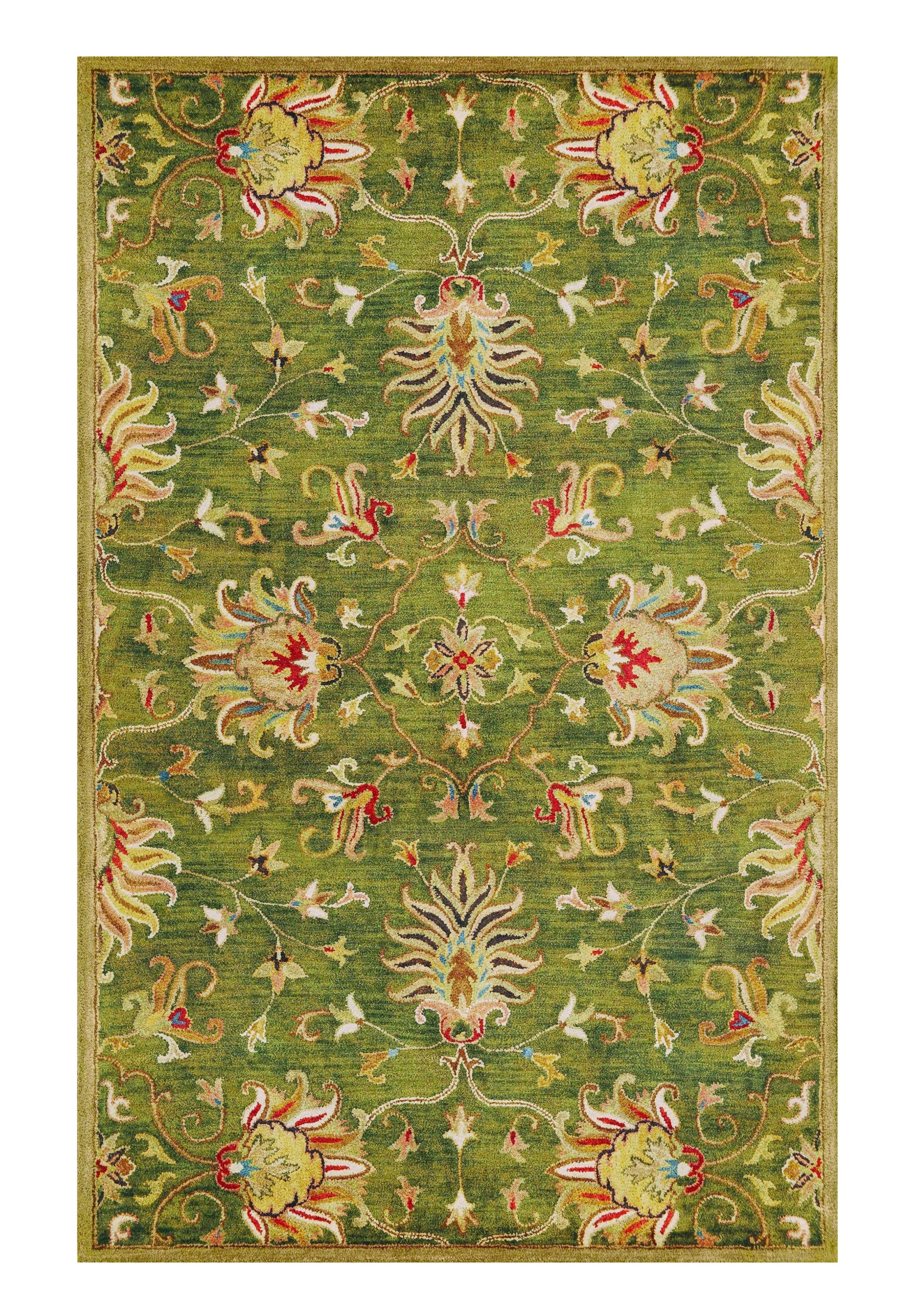 8' X 11' Green Red And Ivory Wool Floral Medallion Hand Tufted Area Rug-Area Rugs-DECOROLALA
