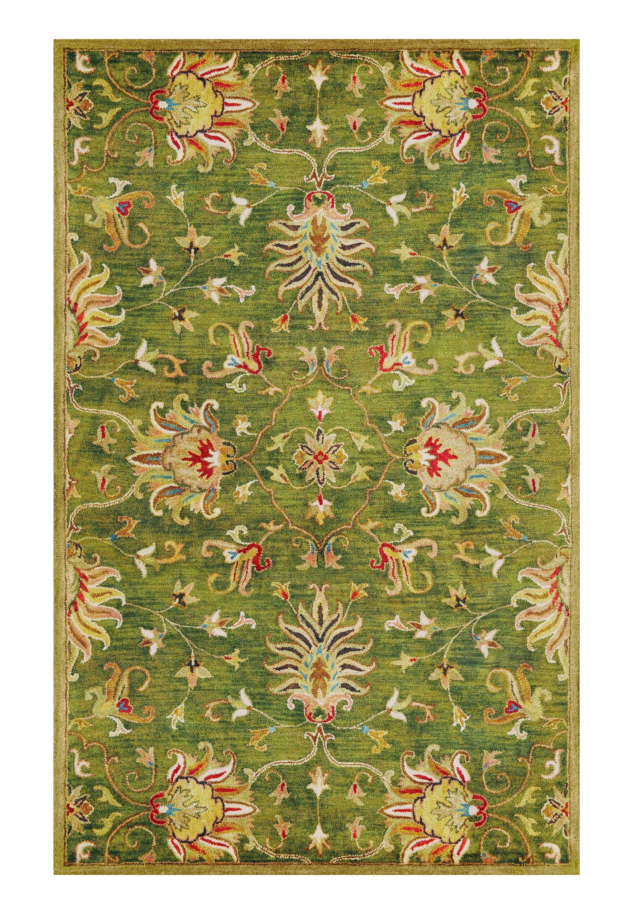 8' X 11' Green Red And Ivory Wool Floral Medallion Hand Tufted Area Rug-Area Rugs-DECOROLALA