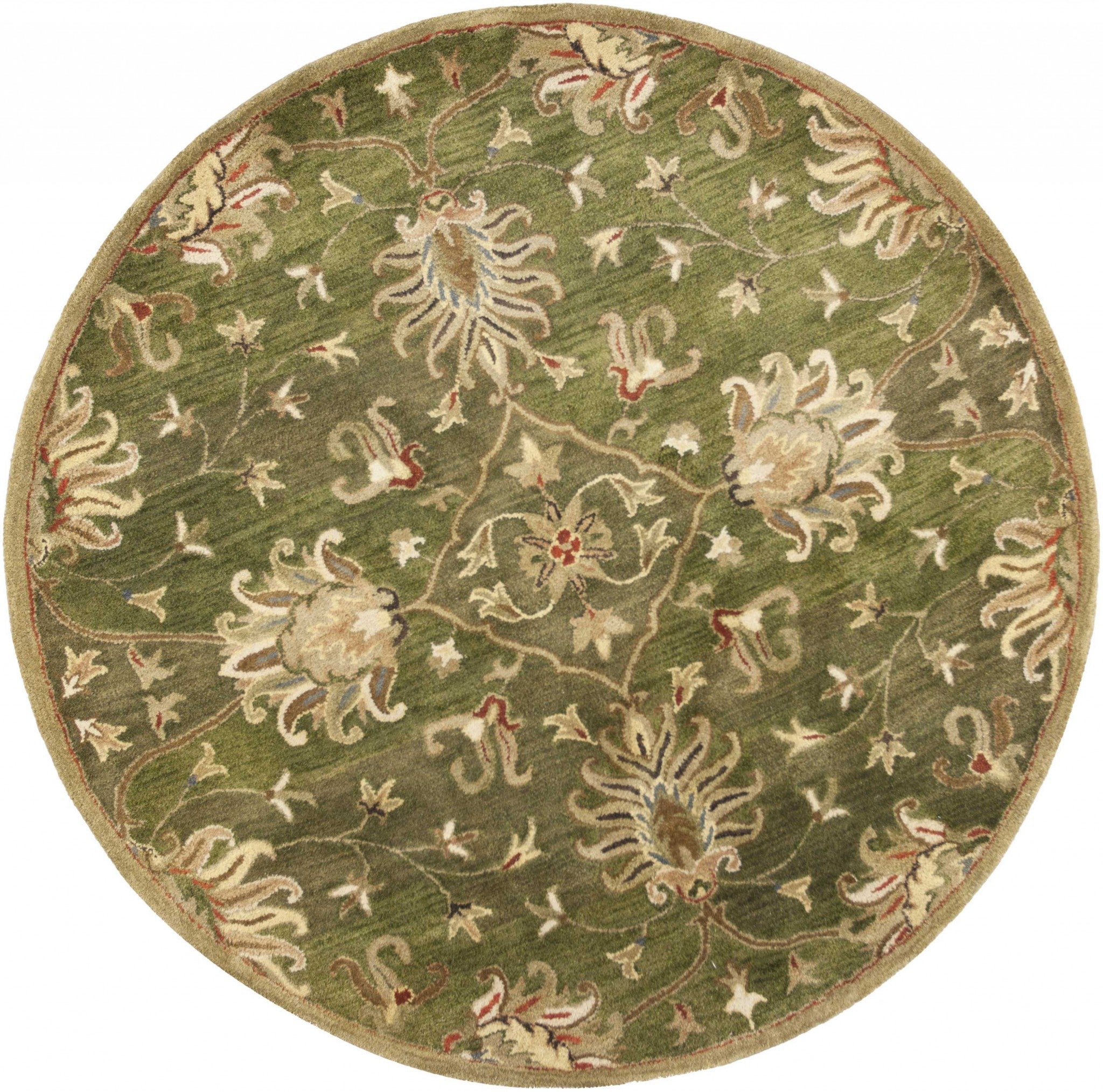 8' X 11' Green Red And Ivory Wool Floral Medallion Hand Tufted Area Rug-Area Rugs-DECOROLALA