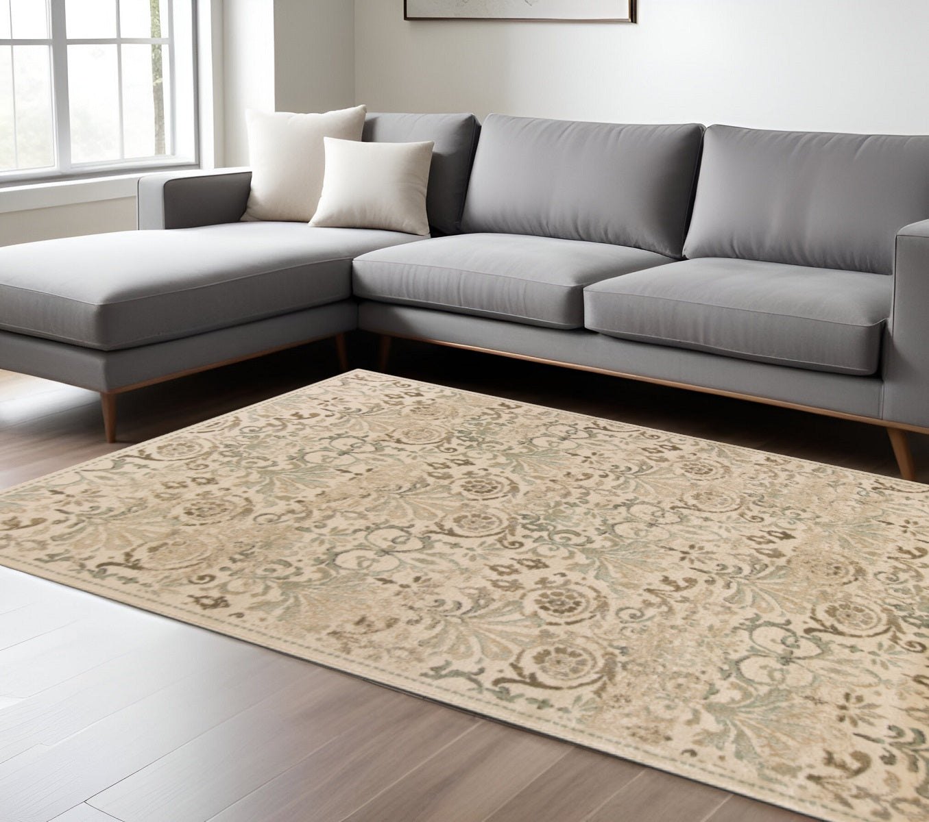 8' X 11' Ivory And Brown Floral Medallion Area Rug-Area Rugs-DECOROLALA