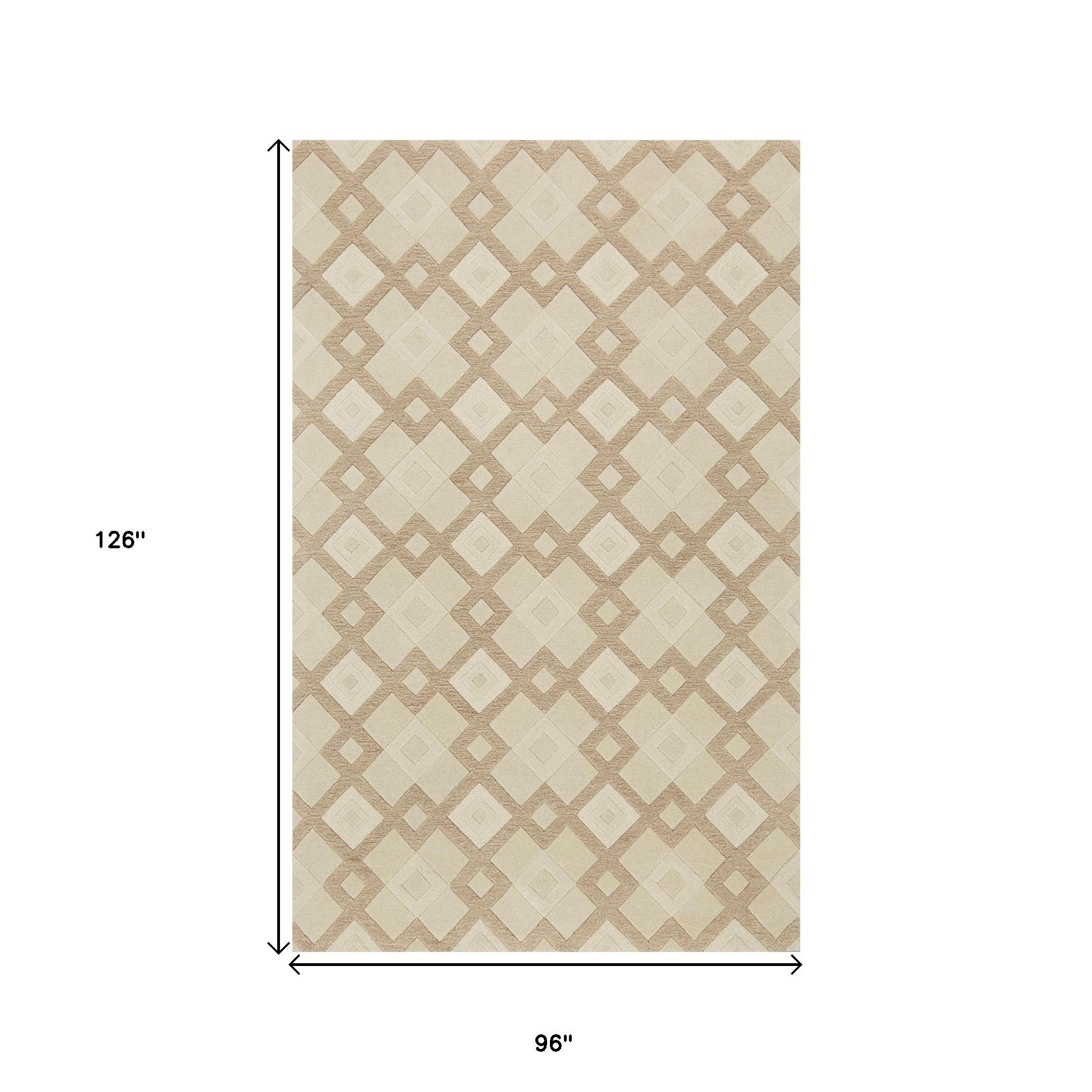 8' X 11' Ivory And Brown Wool Geometric Hand Tufted Area Rug-Area Rugs-DECOROLALA