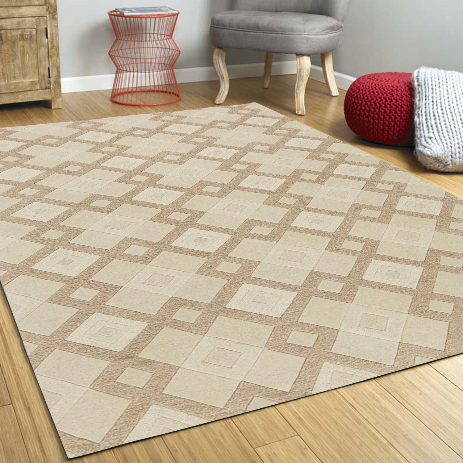 8' X 11' Ivory And Brown Wool Geometric Hand Tufted Area Rug-Area Rugs-DECOROLALA