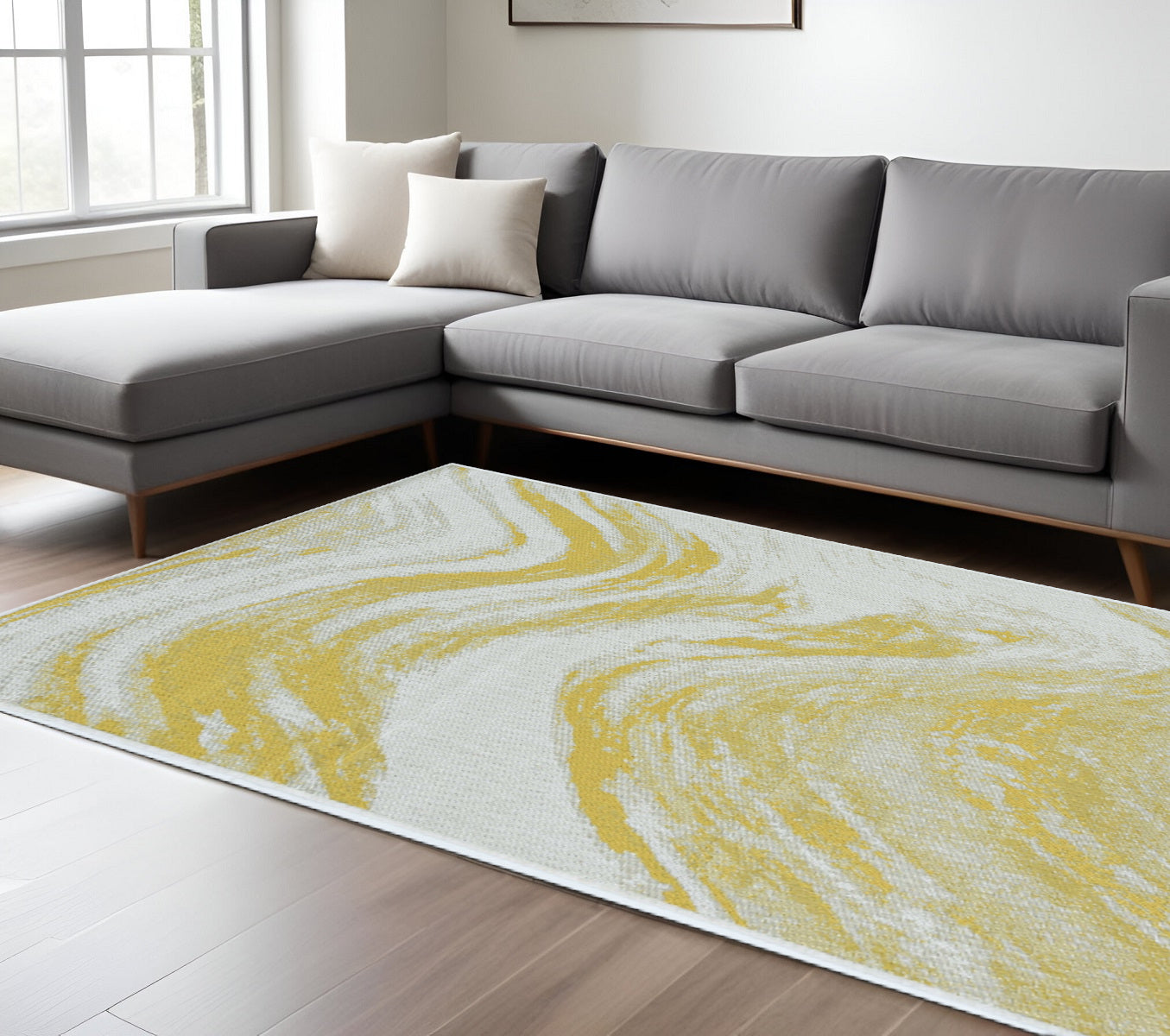 8' X 11' Ivory And Gold Abstract Area Rug-Area Rugs-DECOROLALA