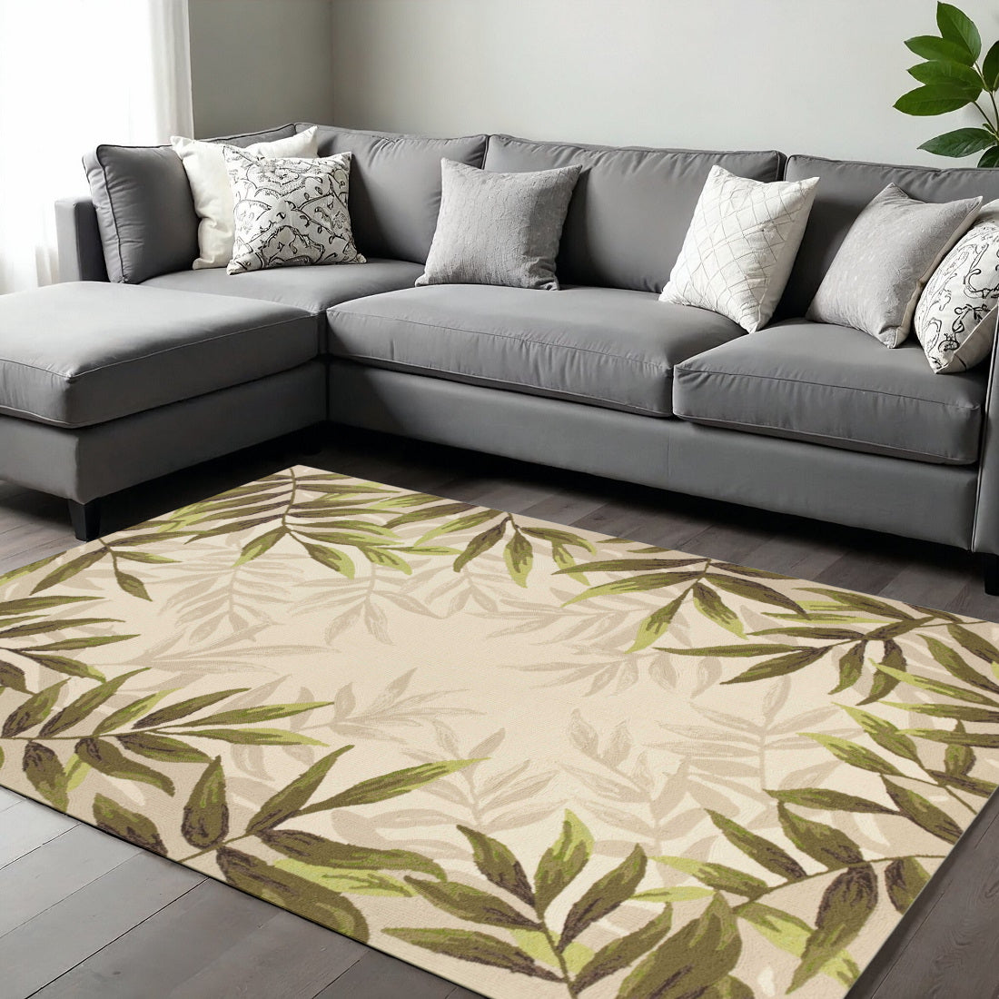8' X 11' Ivory And Green Wool Botanical Leaves Hand Tufted Area Rug-Area Rugs-DECOROLALA