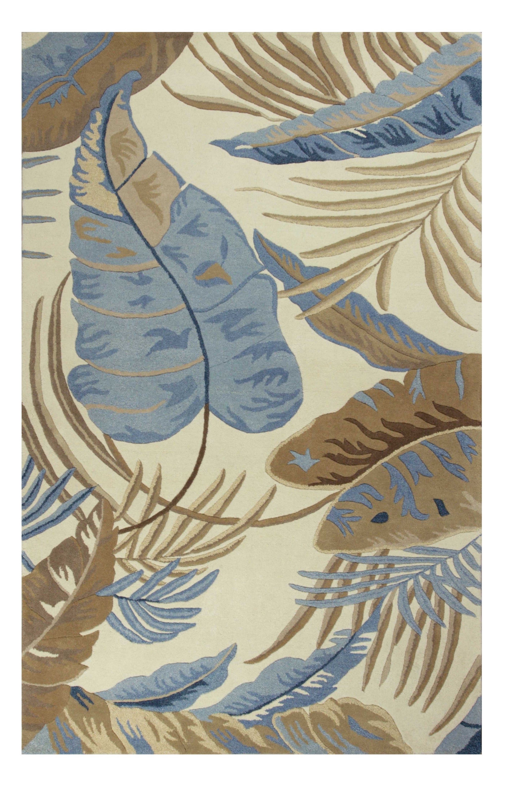 8' X 11' Ivory Blue And Brown Wool Tropical Botanical Hand Tufted Area Rug-Area Rugs-DECOROLALA