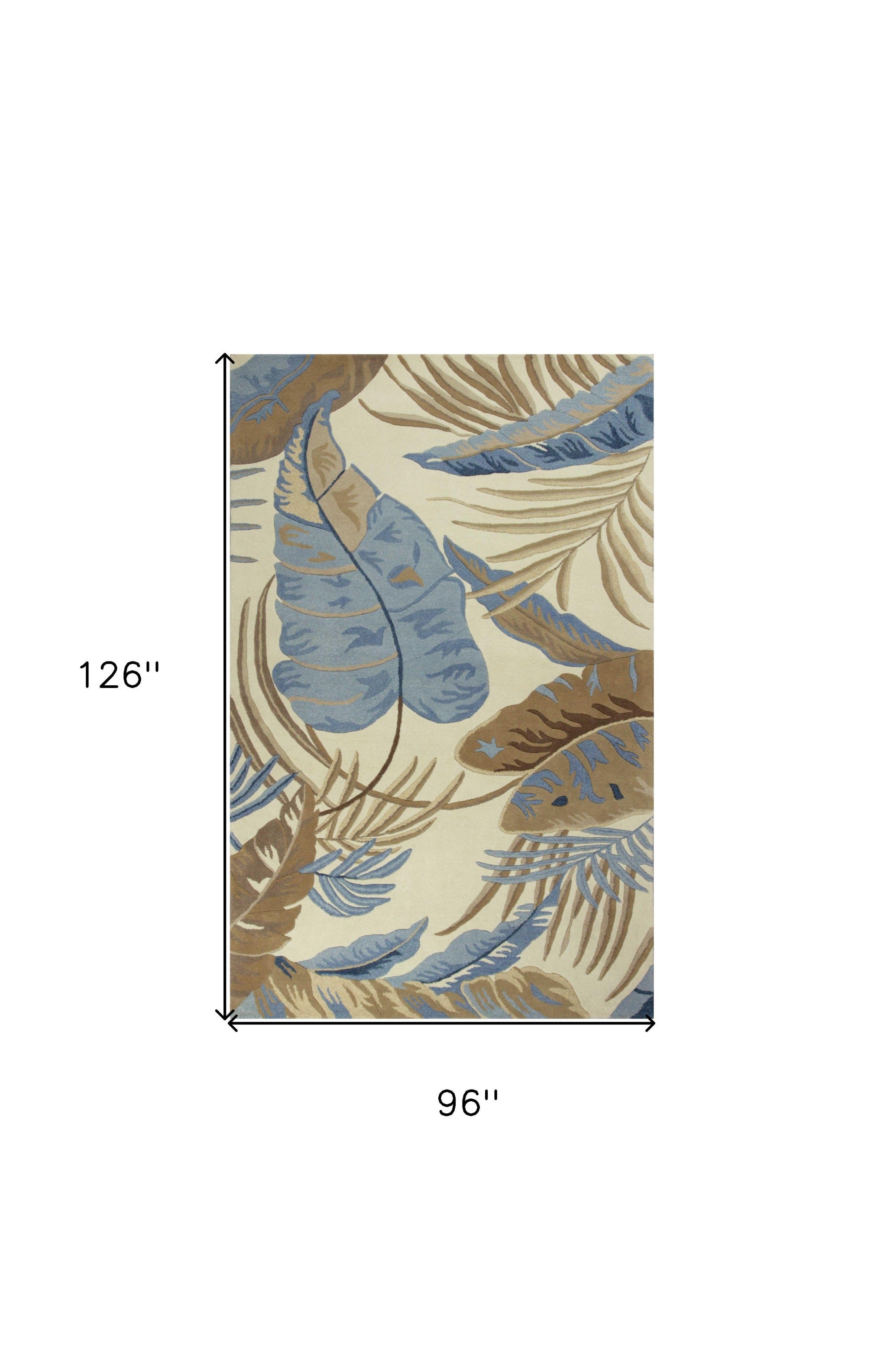 8' X 11' Ivory Blue And Brown Wool Tropical Botanical Hand Tufted Area Rug-Area Rugs-DECOROLALA