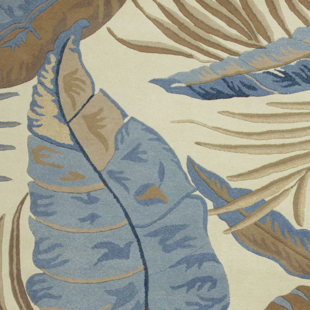 8' X 11' Ivory Blue And Brown Wool Tropical Botanical Hand Tufted Area Rug-Area Rugs-DECOROLALA