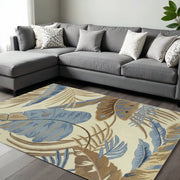 8' X 11' Ivory Blue And Brown Wool Tropical Botanical Hand Tufted Area Rug-Area Rugs-DECOROLALA