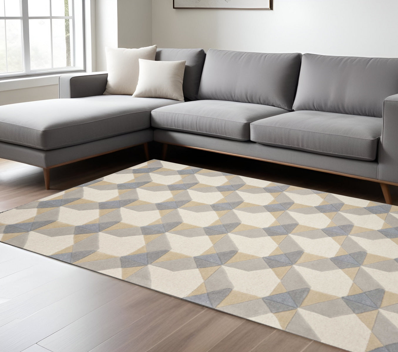8' X 11' Ivory Gray And Cream Wool Geometric Hand Tufted Area Rug-Area Rugs-DECOROLALA