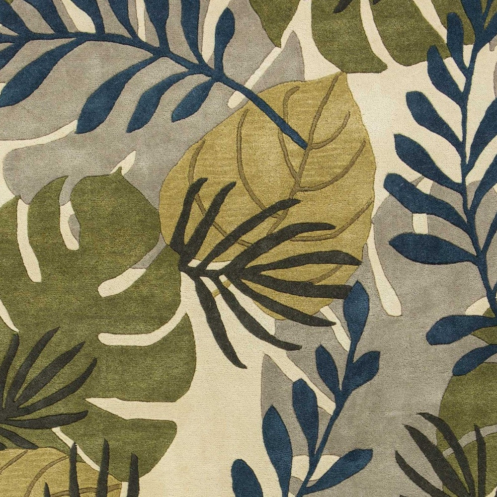 8' X 11' Ivory Green And Blue Wool Botanical Leaves Hand Tufted Area Rug-Area Rugs-DECOROLALA