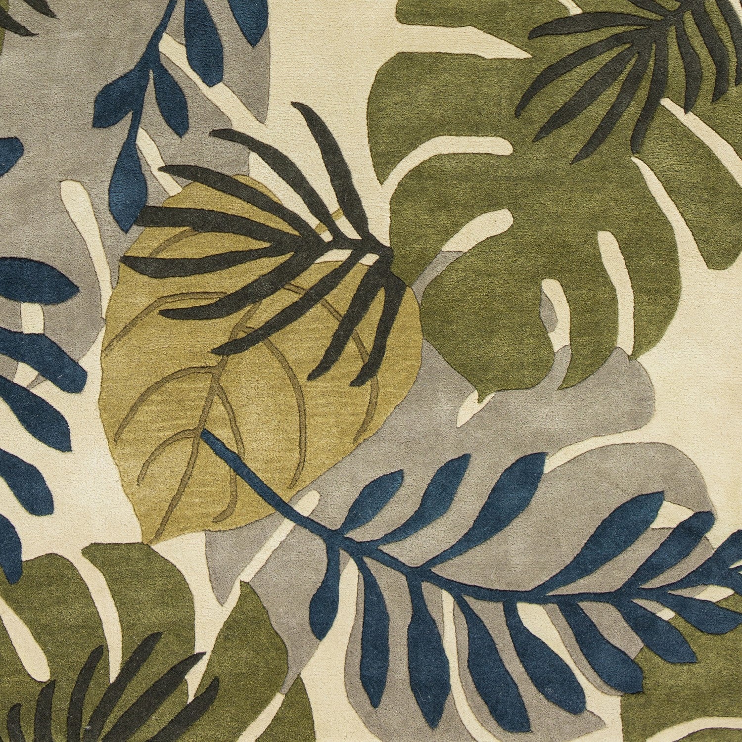 8' X 11' Ivory Green And Blue Wool Botanical Leaves Hand Tufted Area Rug-Area Rugs-DECOROLALA