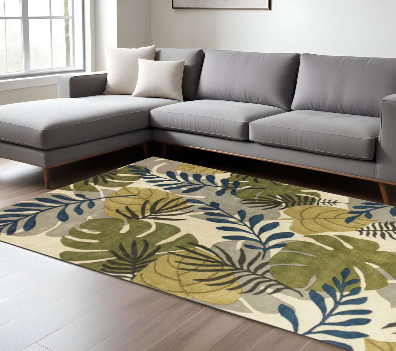 8' X 11' Ivory Green And Blue Wool Botanical Leaves Hand Tufted Area Rug-Area Rugs-DECOROLALA