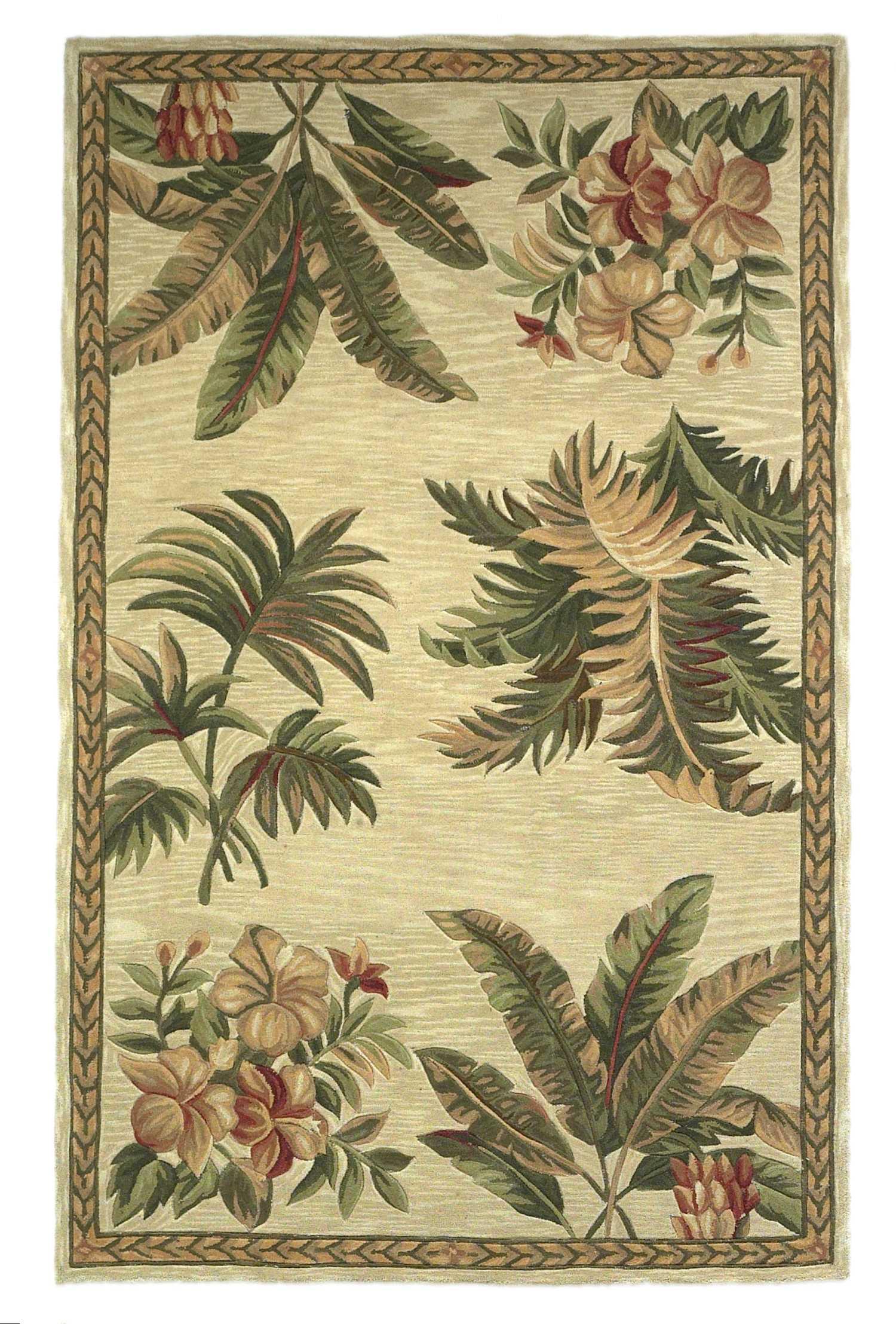 8' X 11' Ivory Green And Brown Wool Tropical Botanical Hand Tufted Area Rug-Area Rugs-DECOROLALA