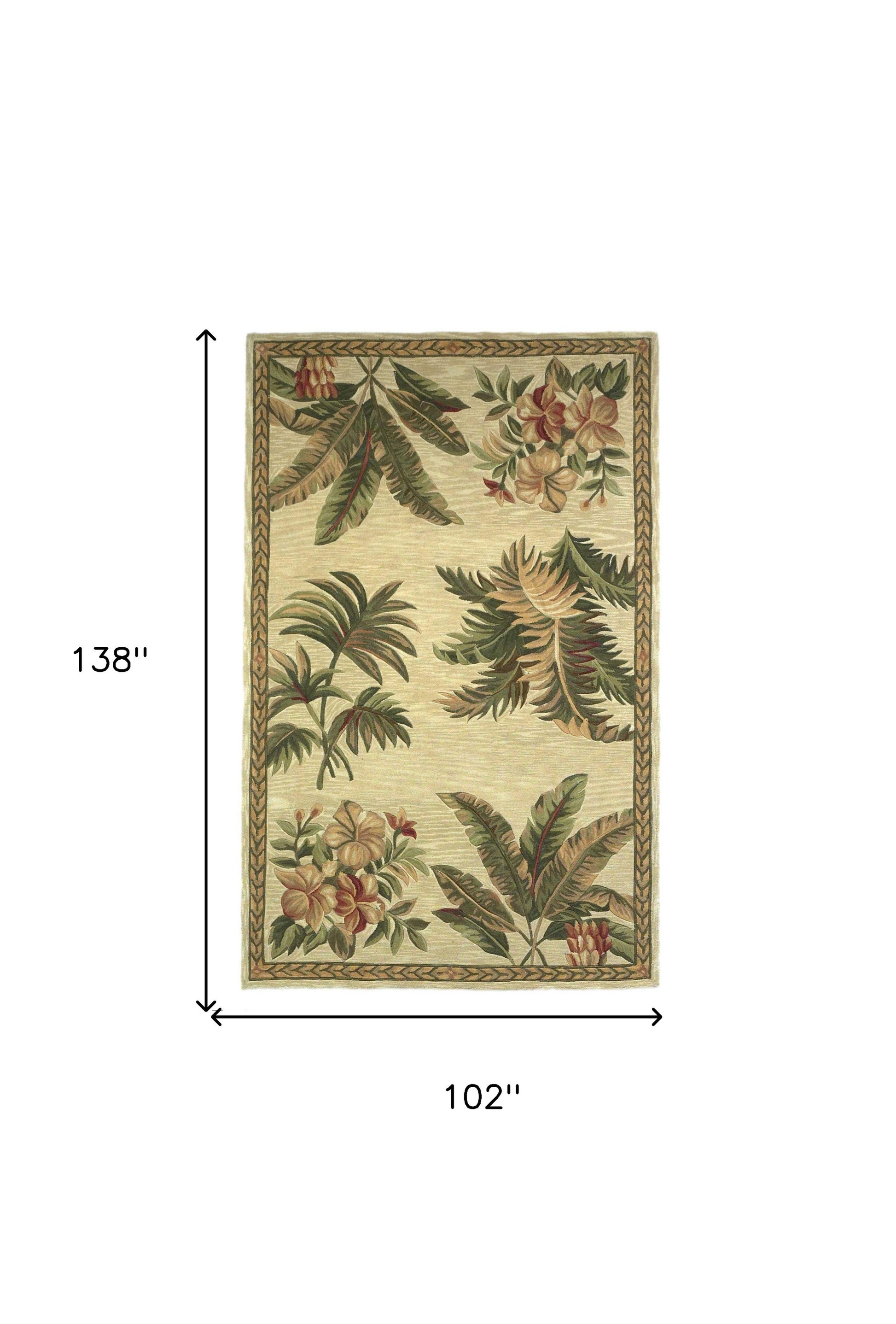 8' X 11' Ivory Green And Brown Wool Tropical Botanical Hand Tufted Area Rug-Area Rugs-DECOROLALA