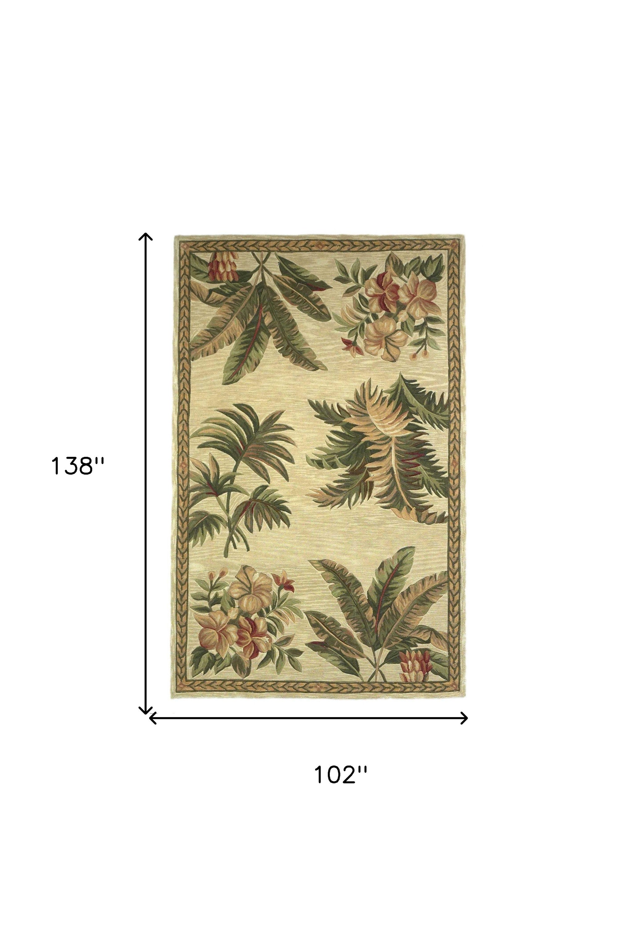 8' X 11' Ivory Green And Brown Wool Tropical Botanical Hand Tufted Area Rug-Area Rugs-DECOROLALA