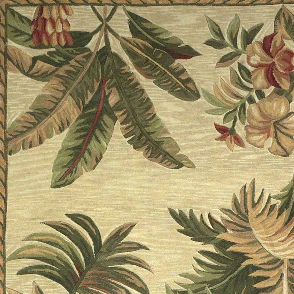 8' X 11' Ivory Green And Brown Wool Tropical Botanical Hand Tufted Area Rug-Area Rugs-DECOROLALA