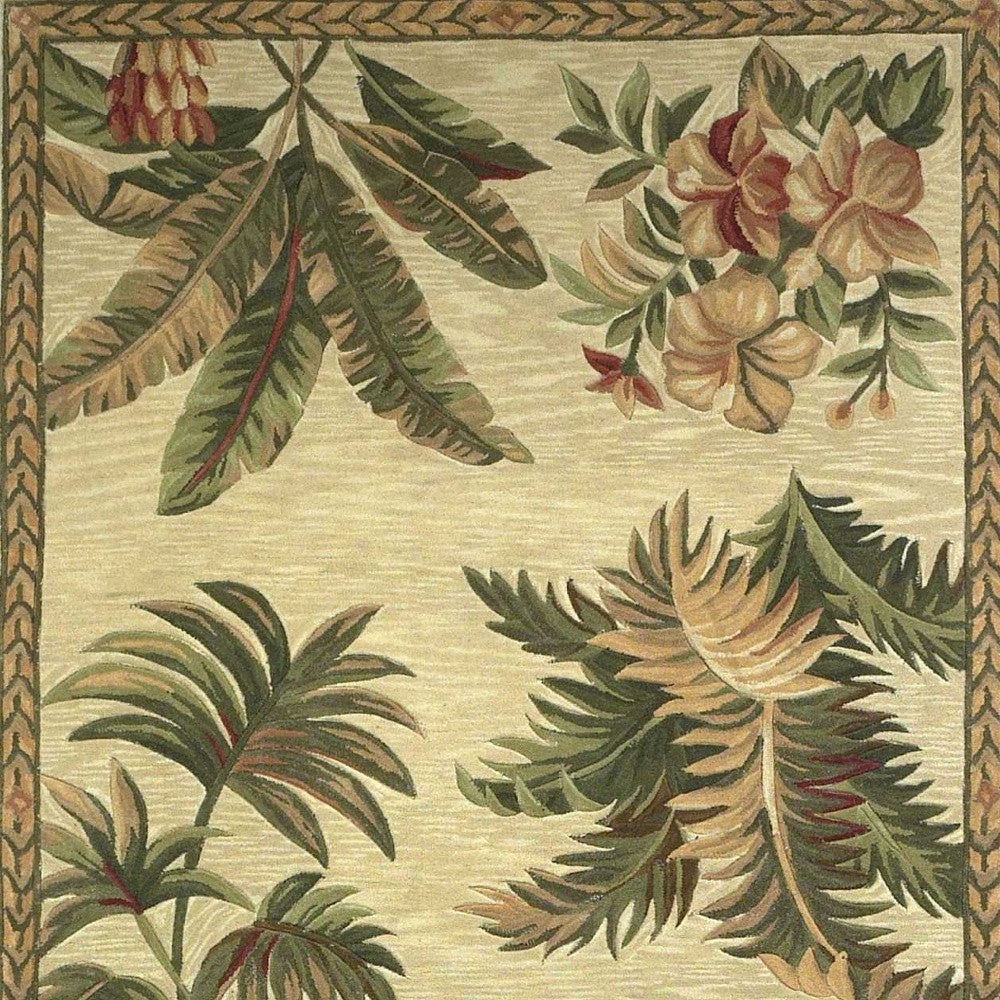 8' X 11' Ivory Green And Brown Wool Tropical Botanical Hand Tufted Area Rug-Area Rugs-DECOROLALA