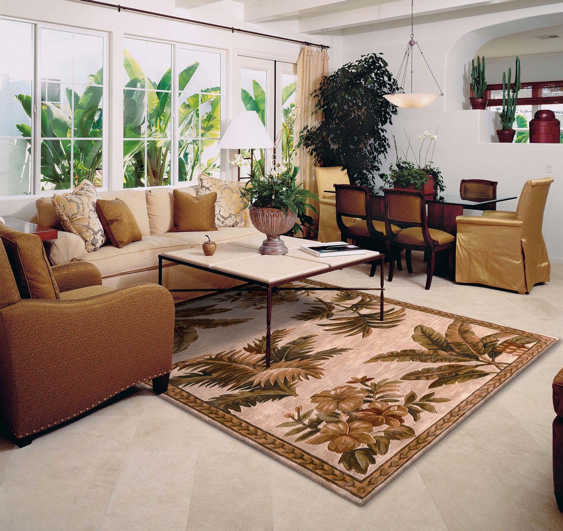 8' X 11' Ivory Green And Brown Wool Tropical Botanical Hand Tufted Area Rug-Area Rugs-DECOROLALA
