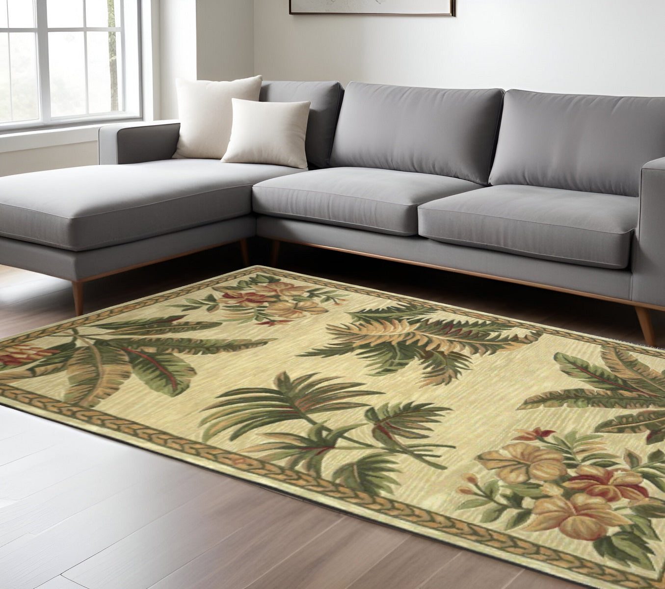 8' X 11' Ivory Green And Brown Wool Tropical Botanical Hand Tufted Area Rug-Area Rugs-DECOROLALA