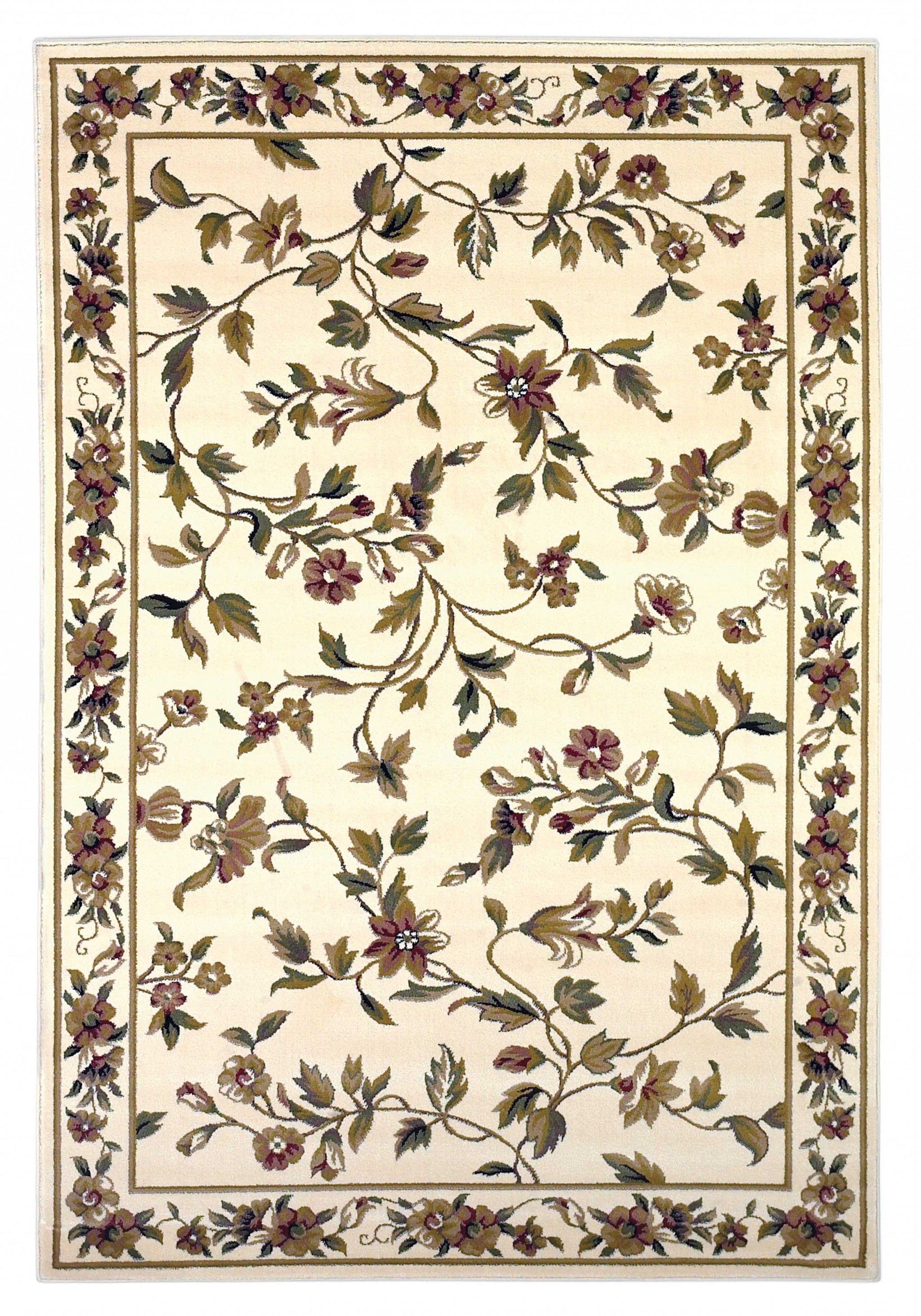 8' X 11' Ivory Green And Red Floral Vines Area Rug-Area Rugs-DECOROLALA